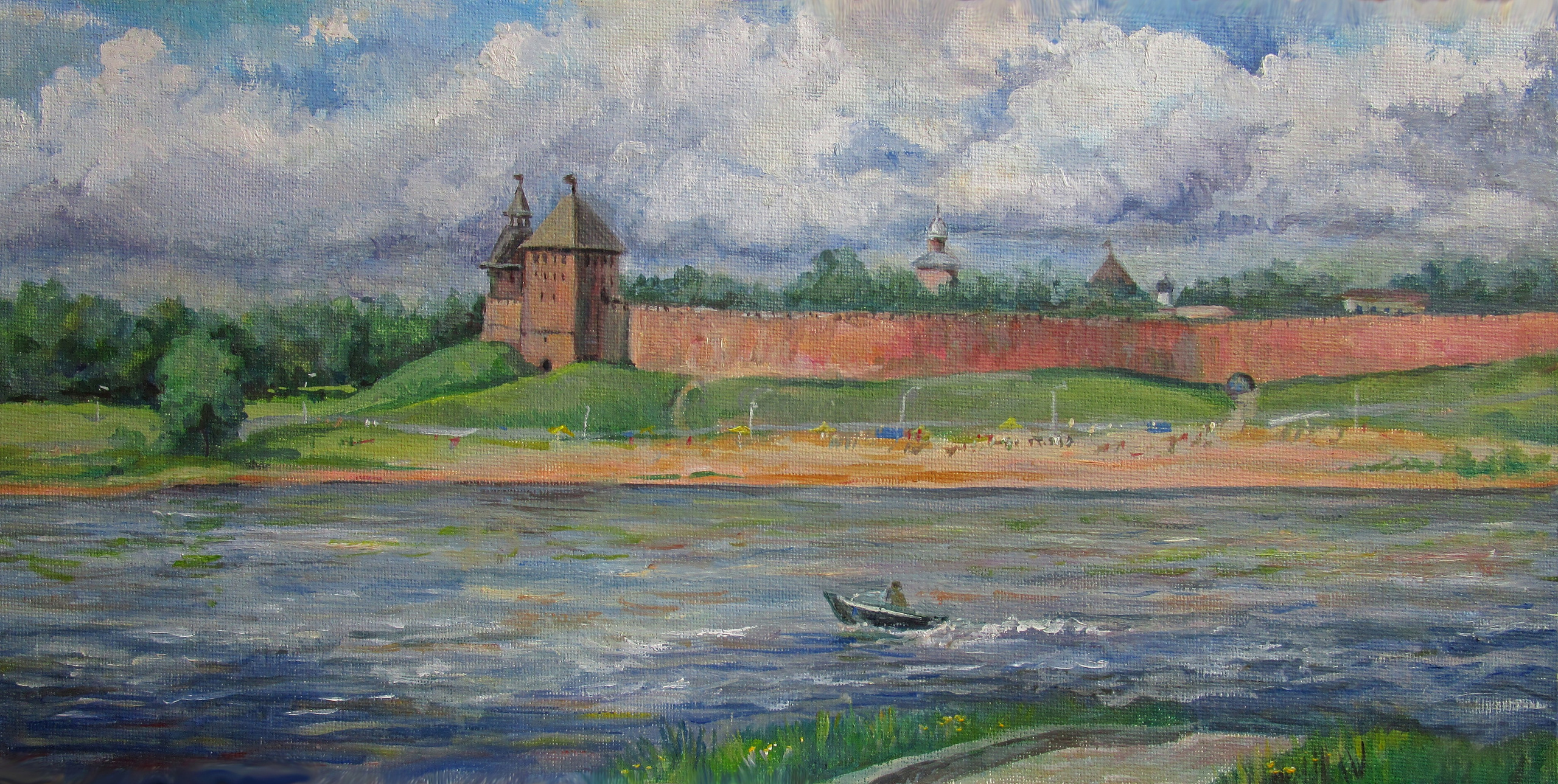 Вид через реку Волхов, Великий Новгород; холст / масло, 2018