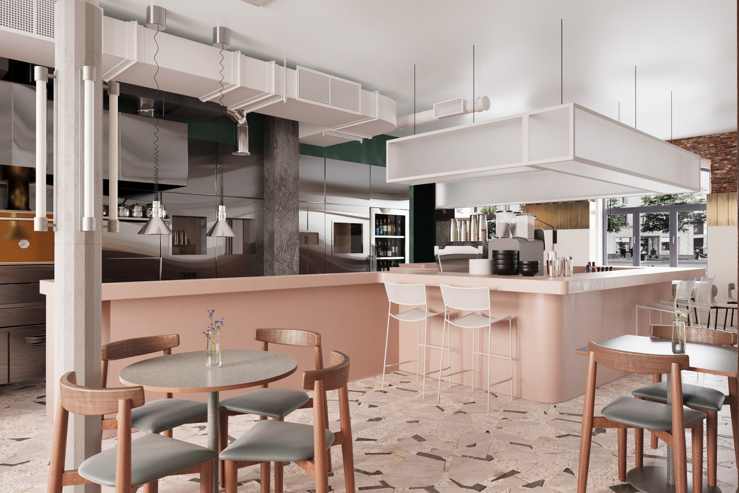 Ресторан в барной стойкой розового цвета. Вокруг расставлены деревянные столы и стулья. Пол из природного камня черно-белого цвета