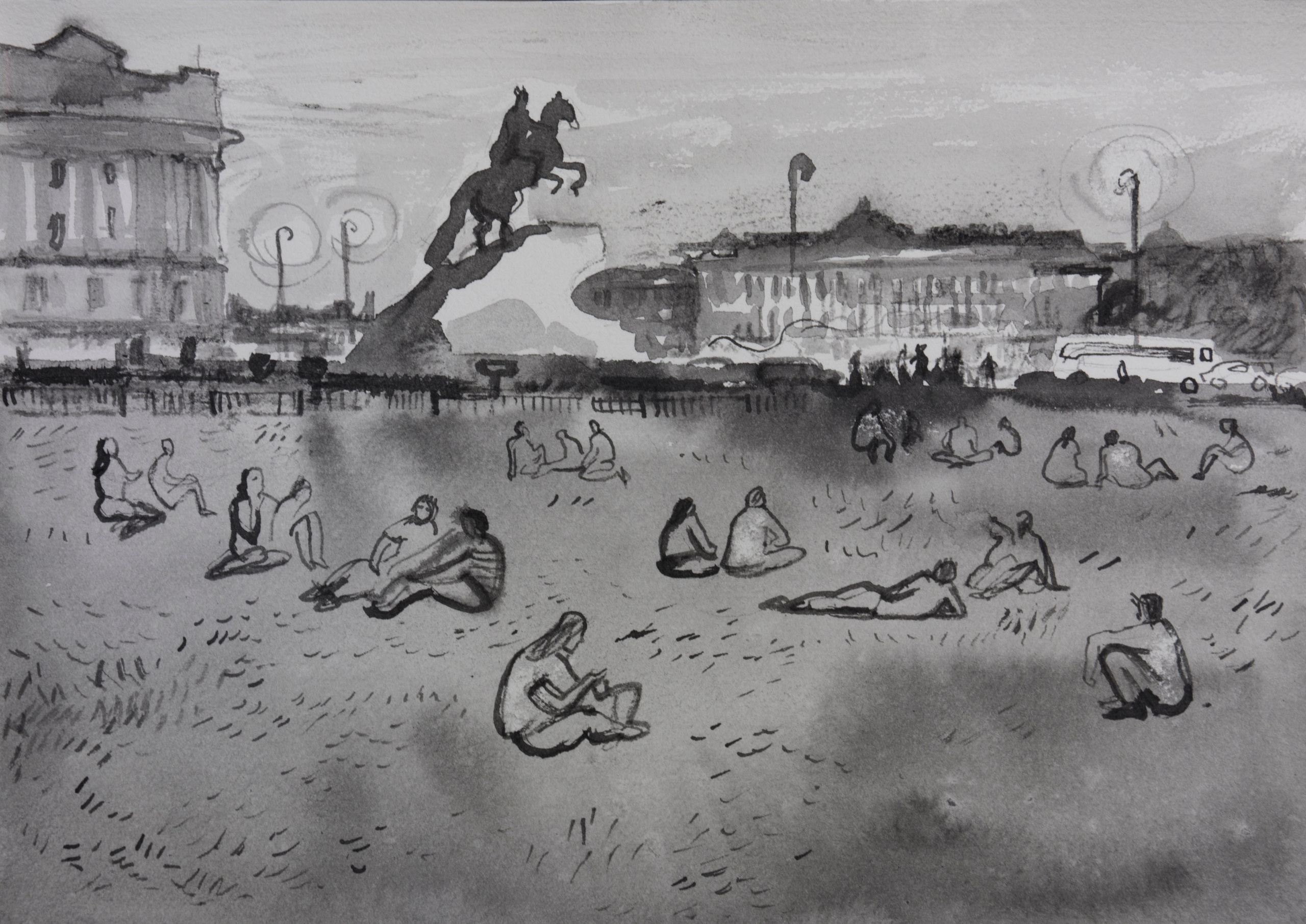 город, графика, черно-белый город, белые ночи, Петербург