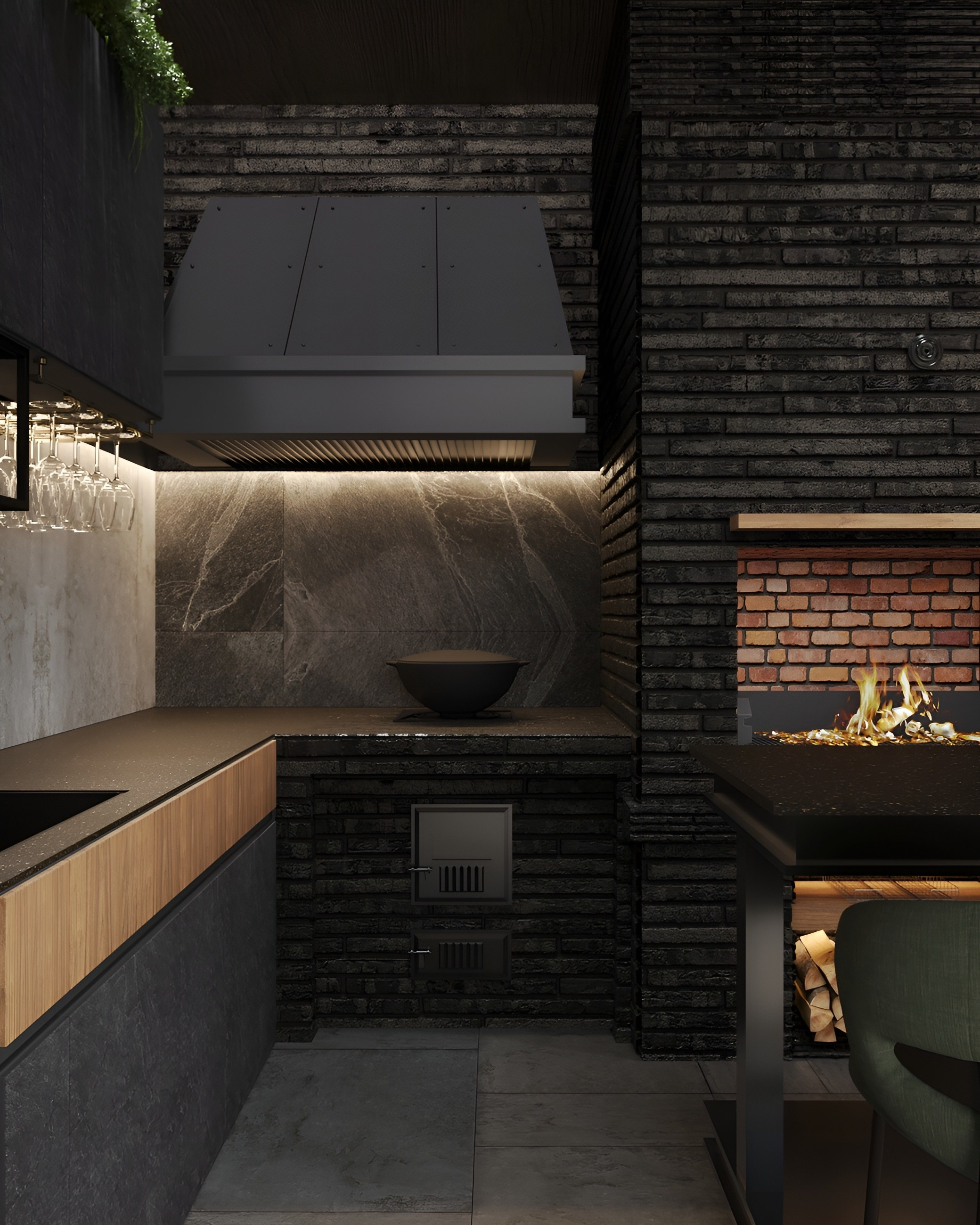 Терраса в загородном доме с камином. 3D Визуализация интерьеров жилых и коммерческих помещений