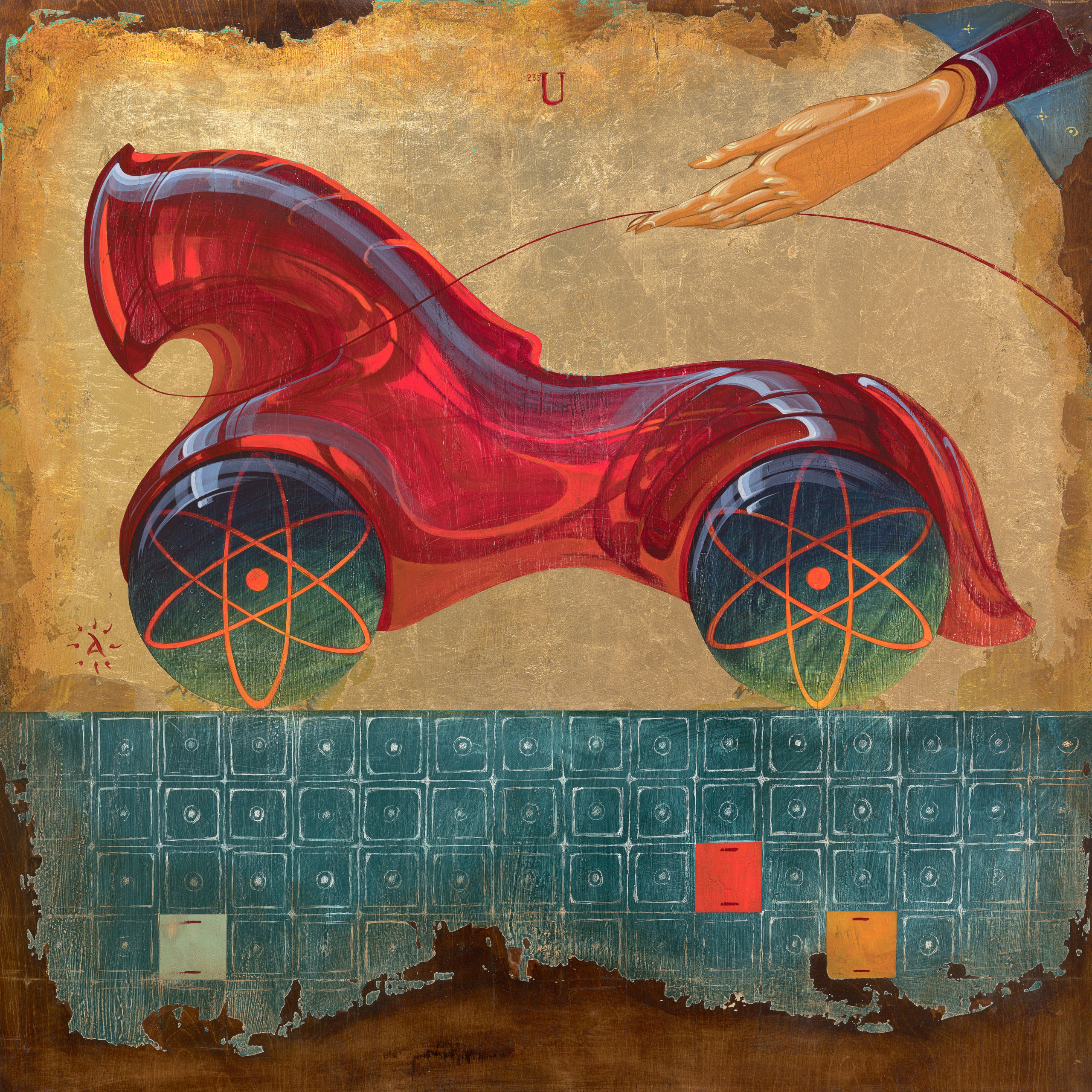 «Атомный конь» - художник Антон Фролов (дерево, темпера, поталь, 100x100 см, 2025)