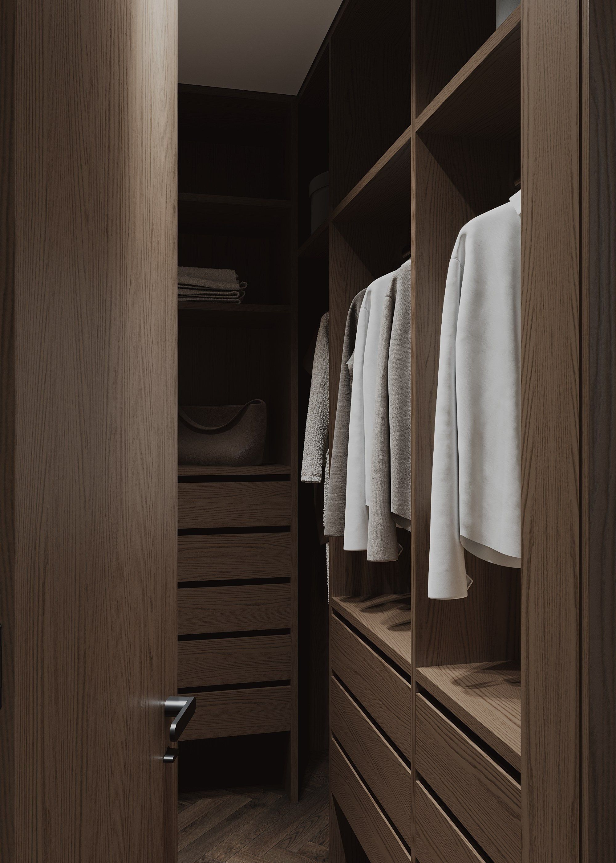 Гардеробная в гостевой комнате в шпоне и открытой системой хранения  Walk-in closet in the guest room with veneer and open storage system