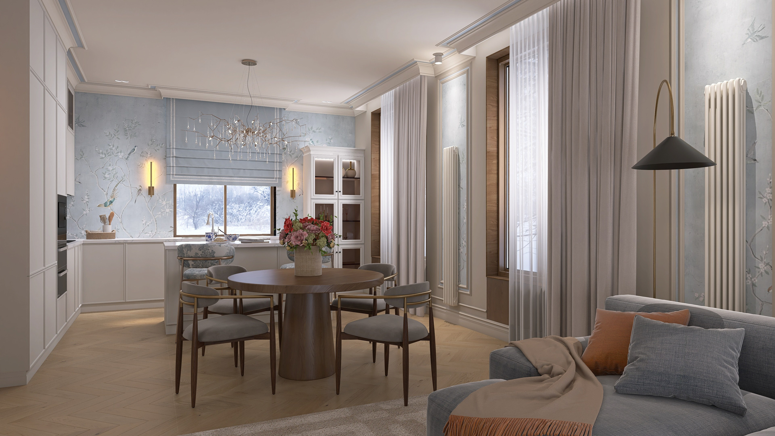 Перспектива кухни-гостиной в частном доме, открытая планировка, обеденный стол и зона отдыха, светлый интерьер