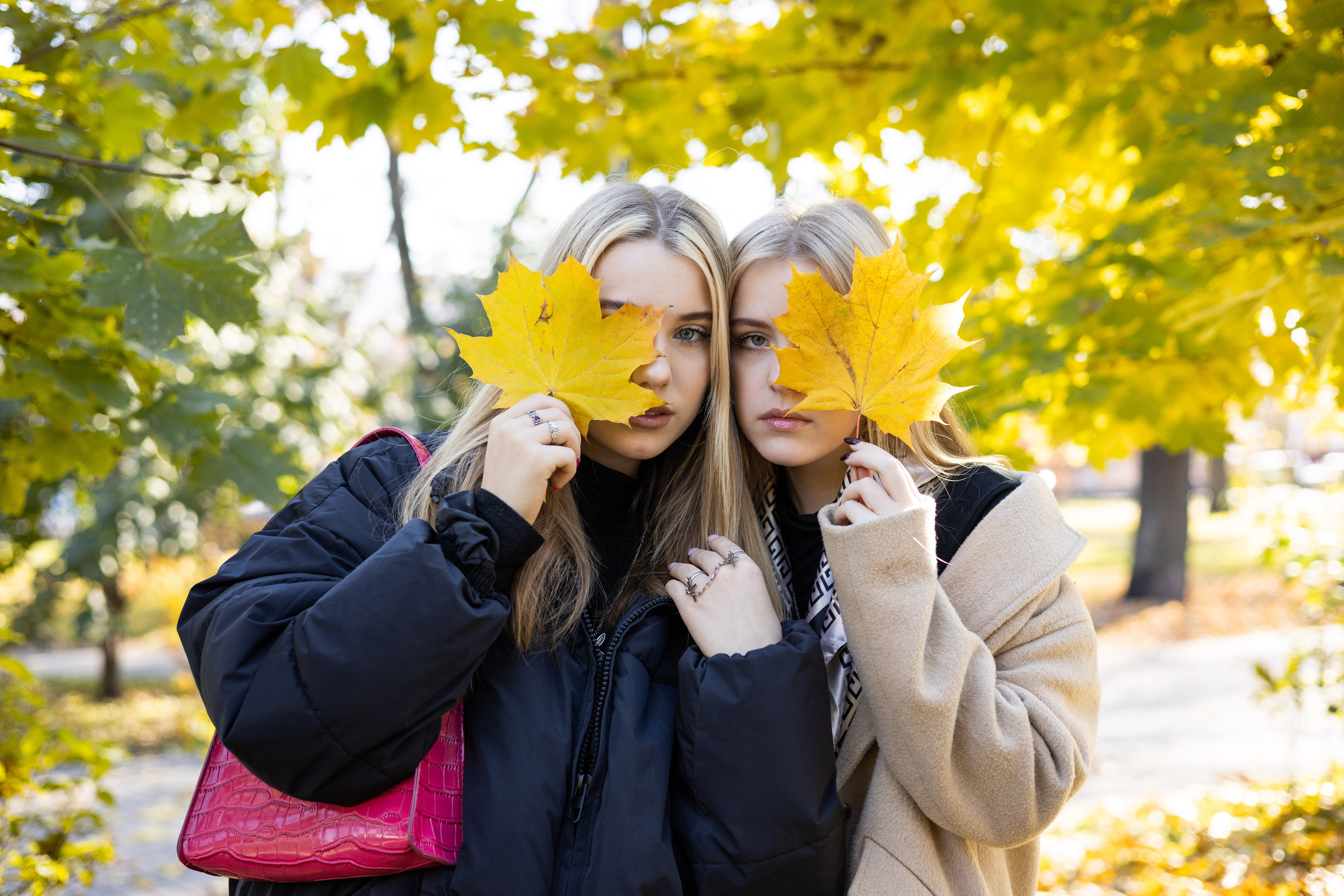 Две девушки с кленовыми листьями в руках.