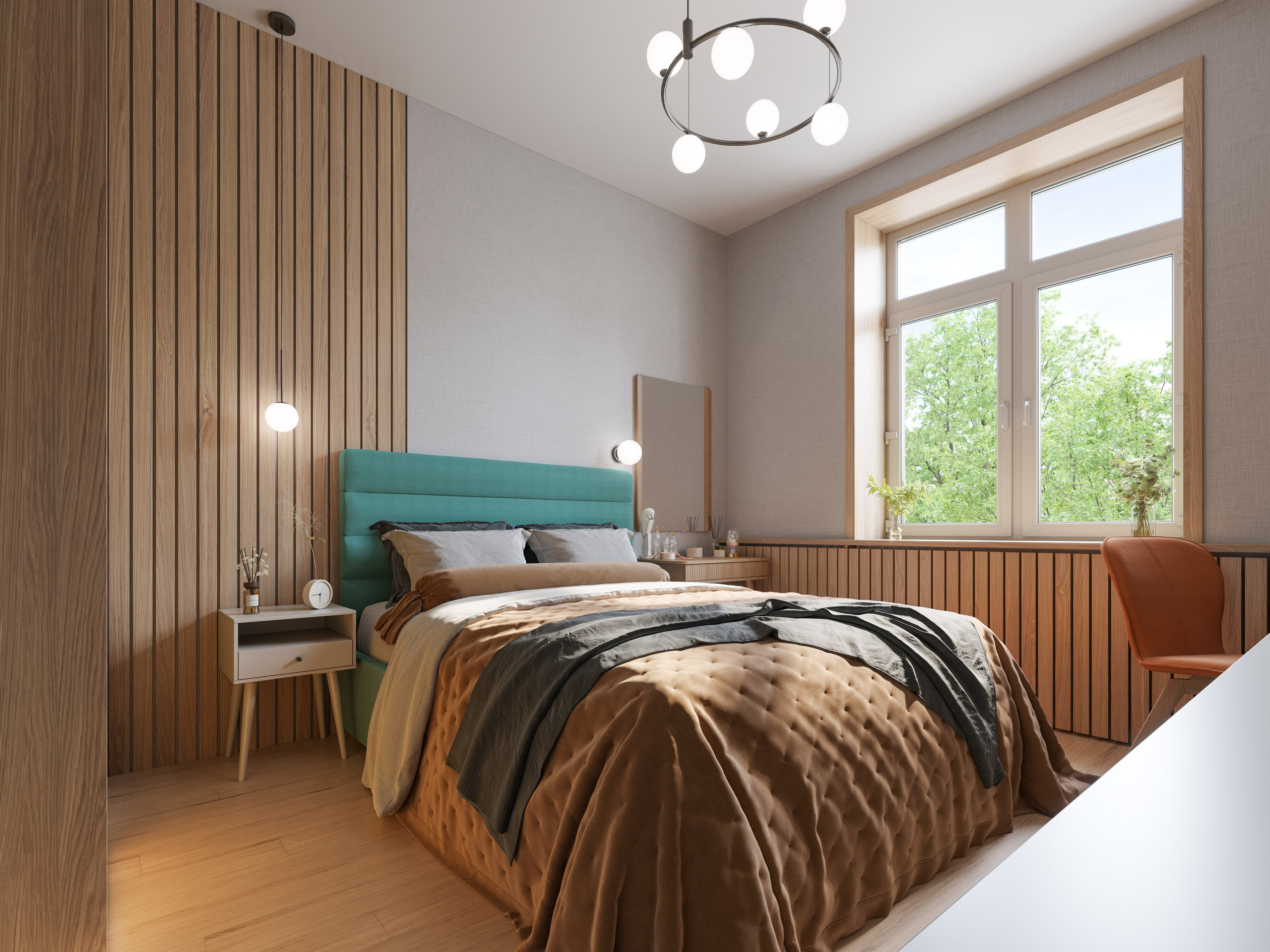 Спальная зона с деревянной акцентной стеной и большим деревянным подоконником.