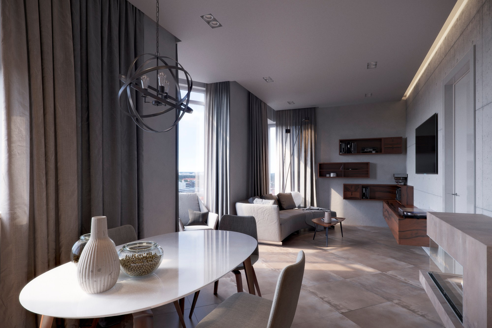 3D визуализация кухни-гостиной в стиле минимализм с акцентной бетонной стеной и панорамными окнами