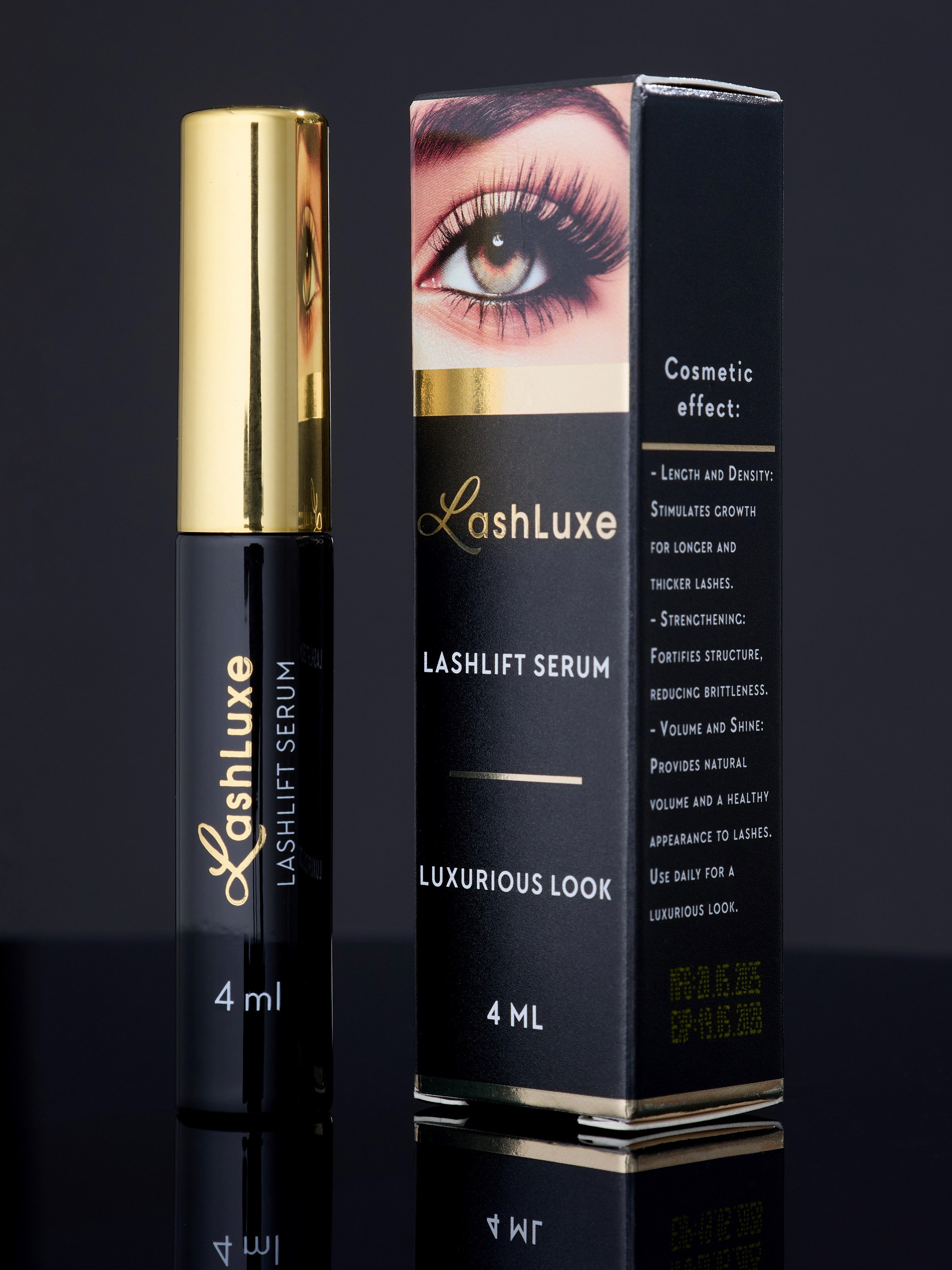 Капли для ресниц с золотой крышкой в упаковке | Фото для карточки товара