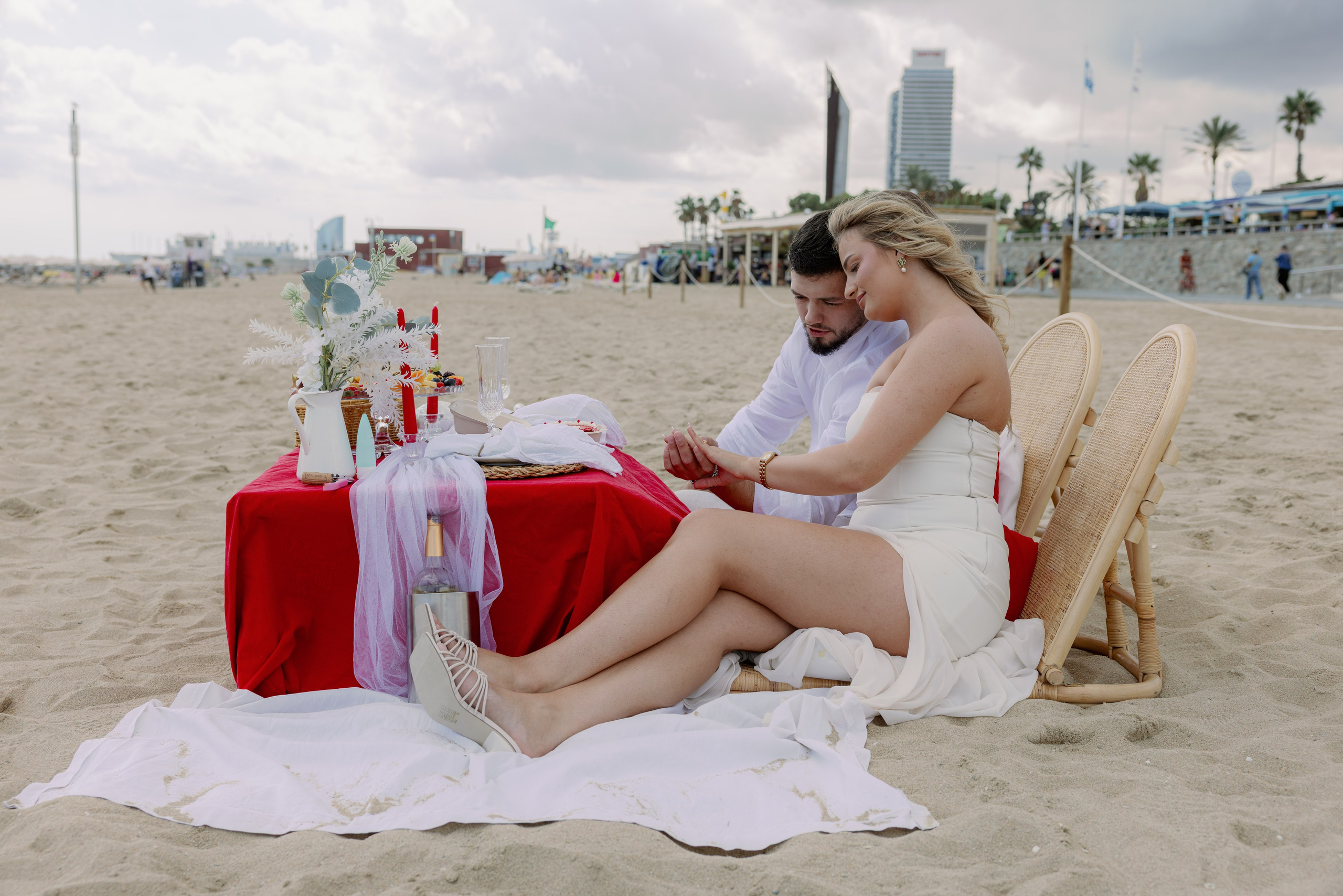 Candid engagement photo on the streets of Barcelona