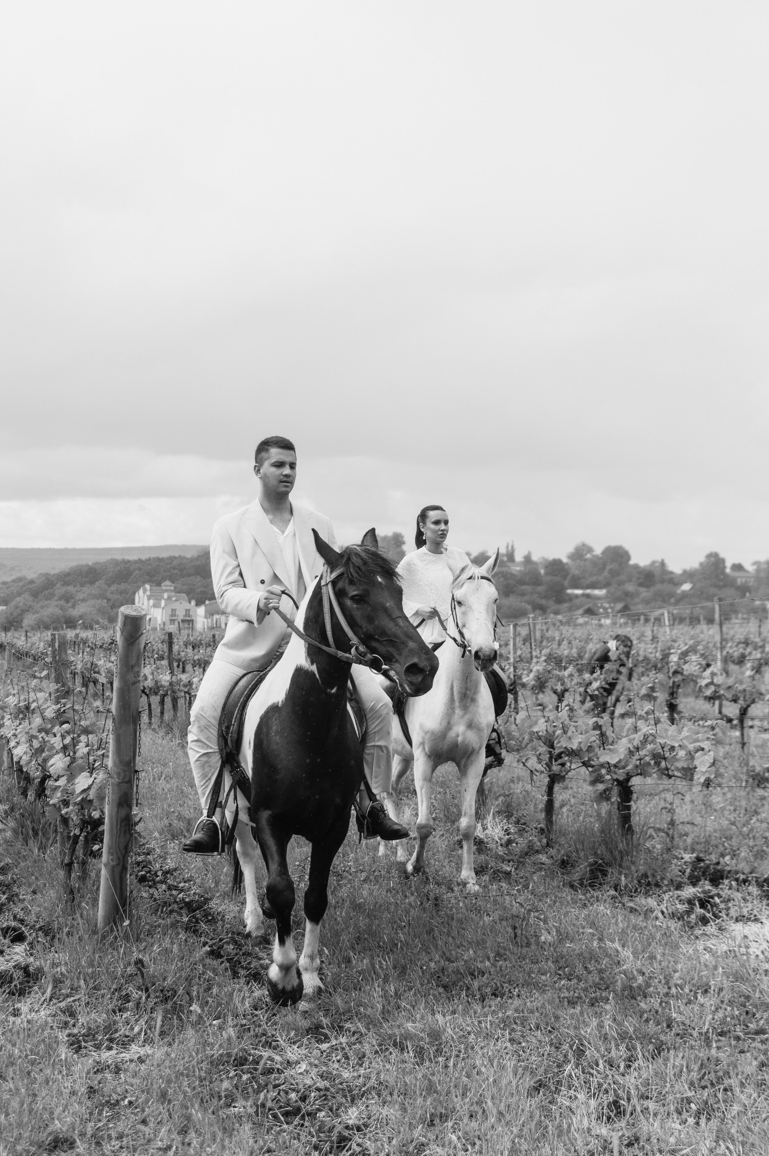 Невеста и жених верхом на лошадях в винограднике, одеты в свадебные наряды, создавая романтичную атмосферу на фоне живописного пейзажа
