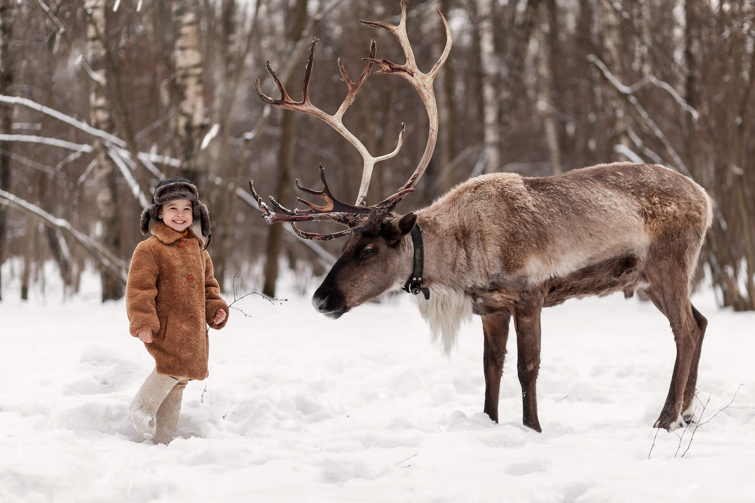 Мальчик в ретро шубе в лесу с оленем