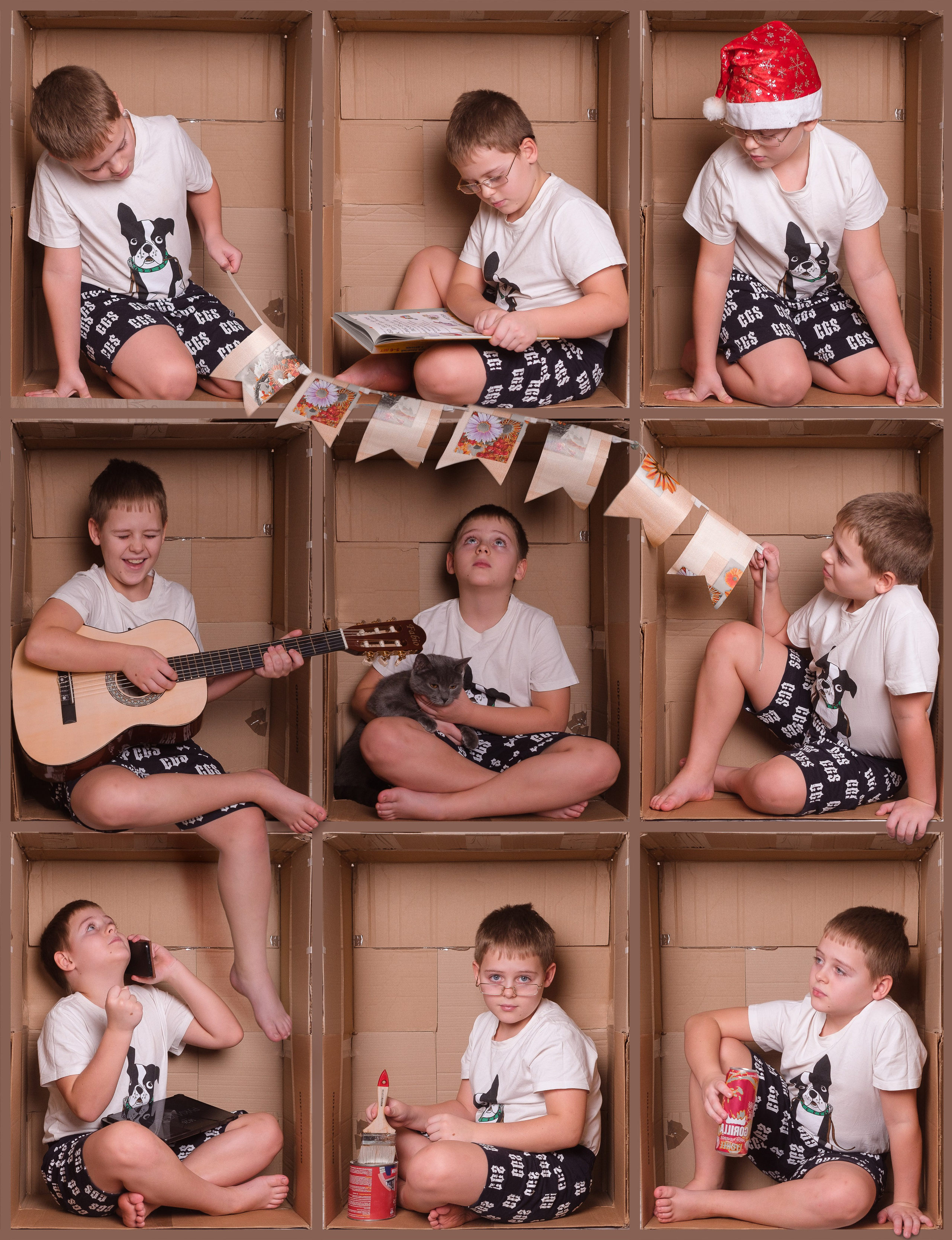 Коллаж из 9 фотографий мальчика в картонной коробке