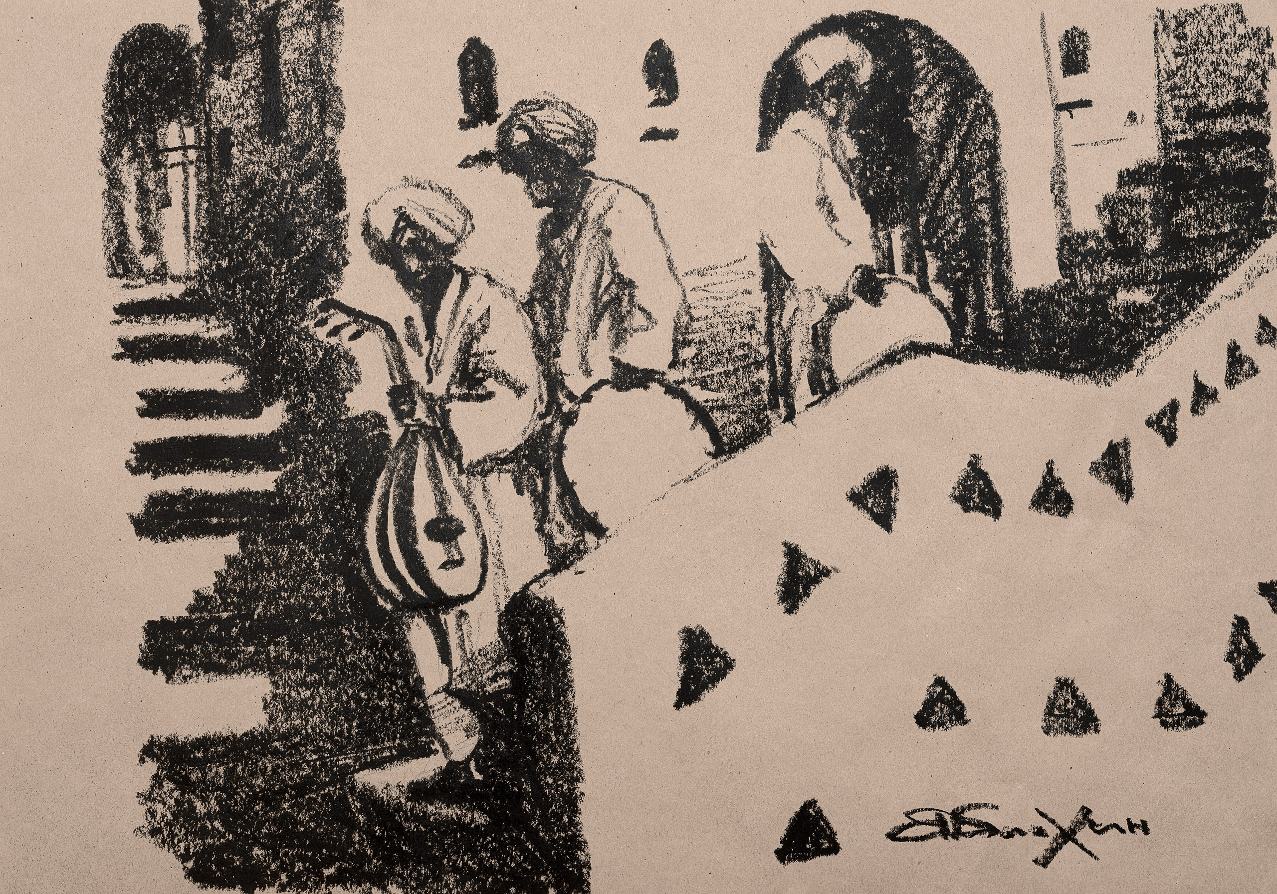 «Музыканты Магриба» - художник Валерий Блохин (бумага, масляная пастель, 42x60см, 2020)