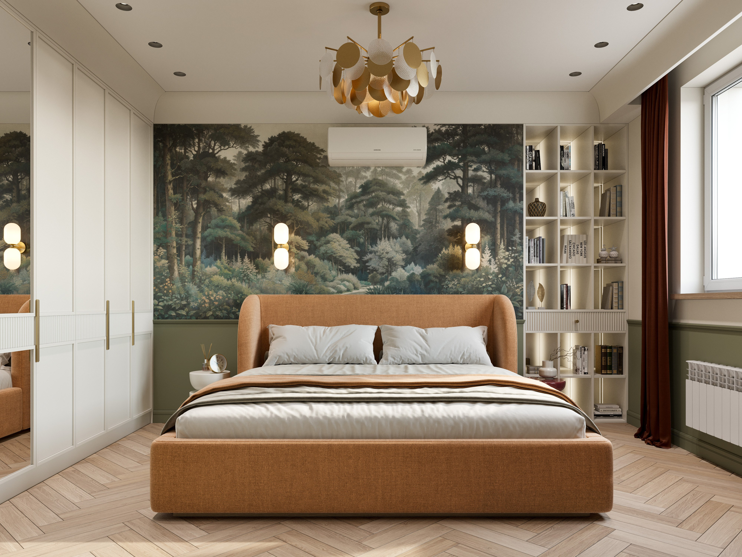 Проект квартиры в теплой цветовой гамме с зелеными акцентами и паркетным полом