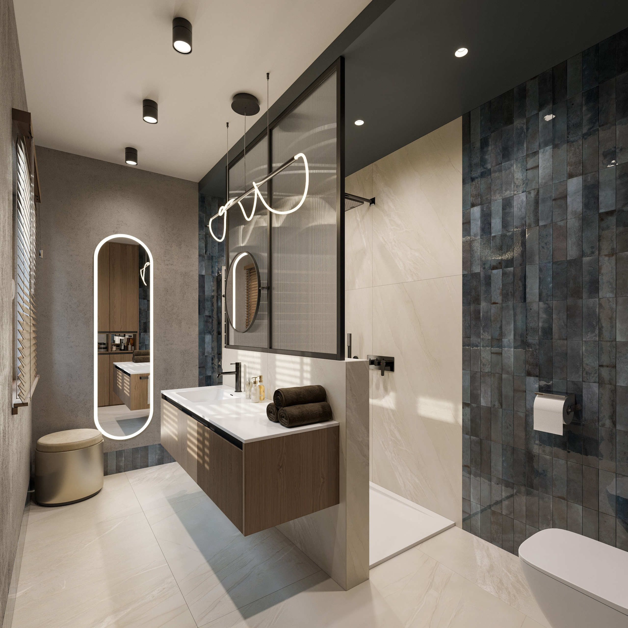 Душ со стеклянной перегородкой и современной сантехникой в загородном доме