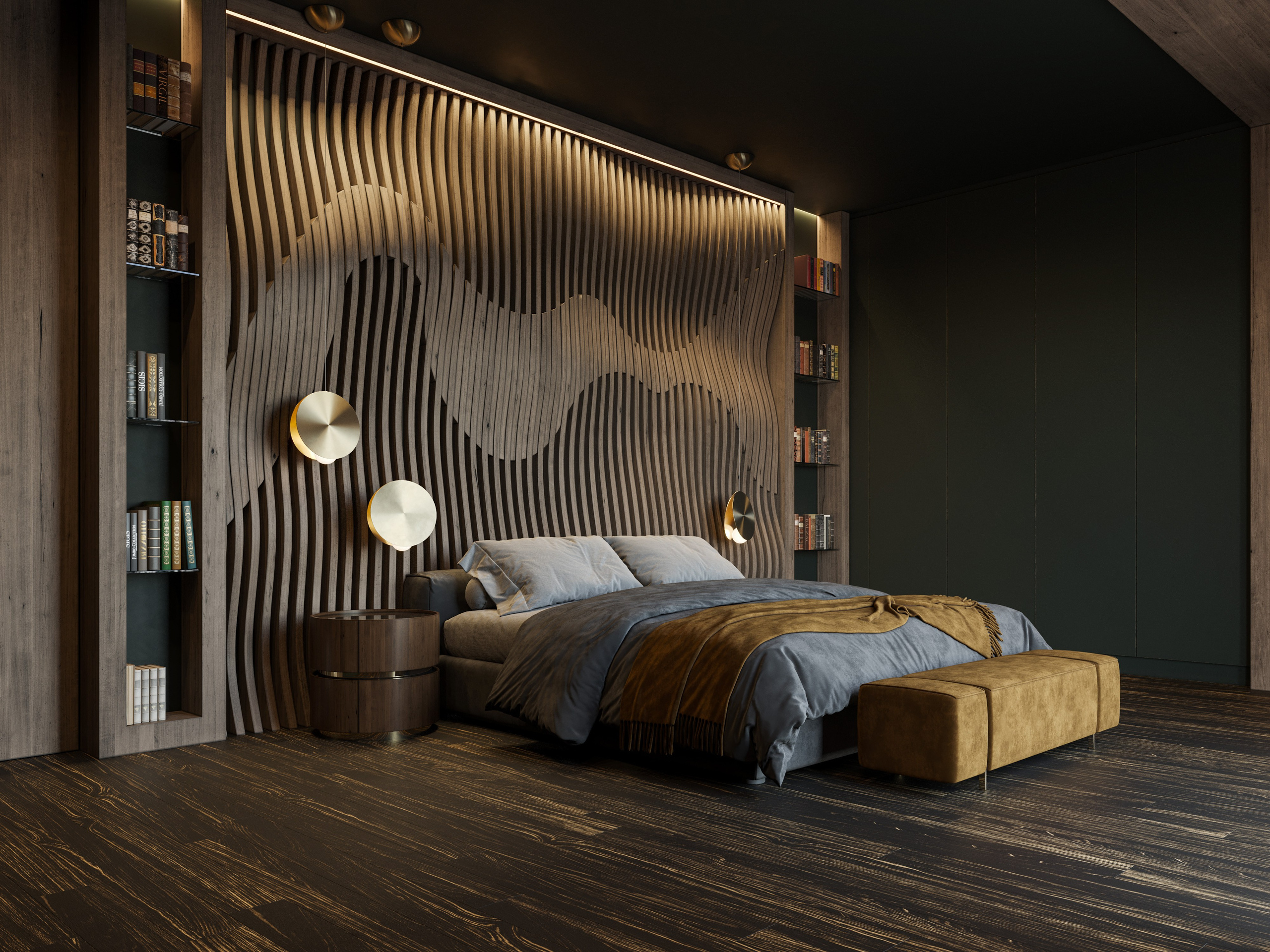 Спальня в темных тонах с деревянным изголовьем кровати и скрытой подсветкой