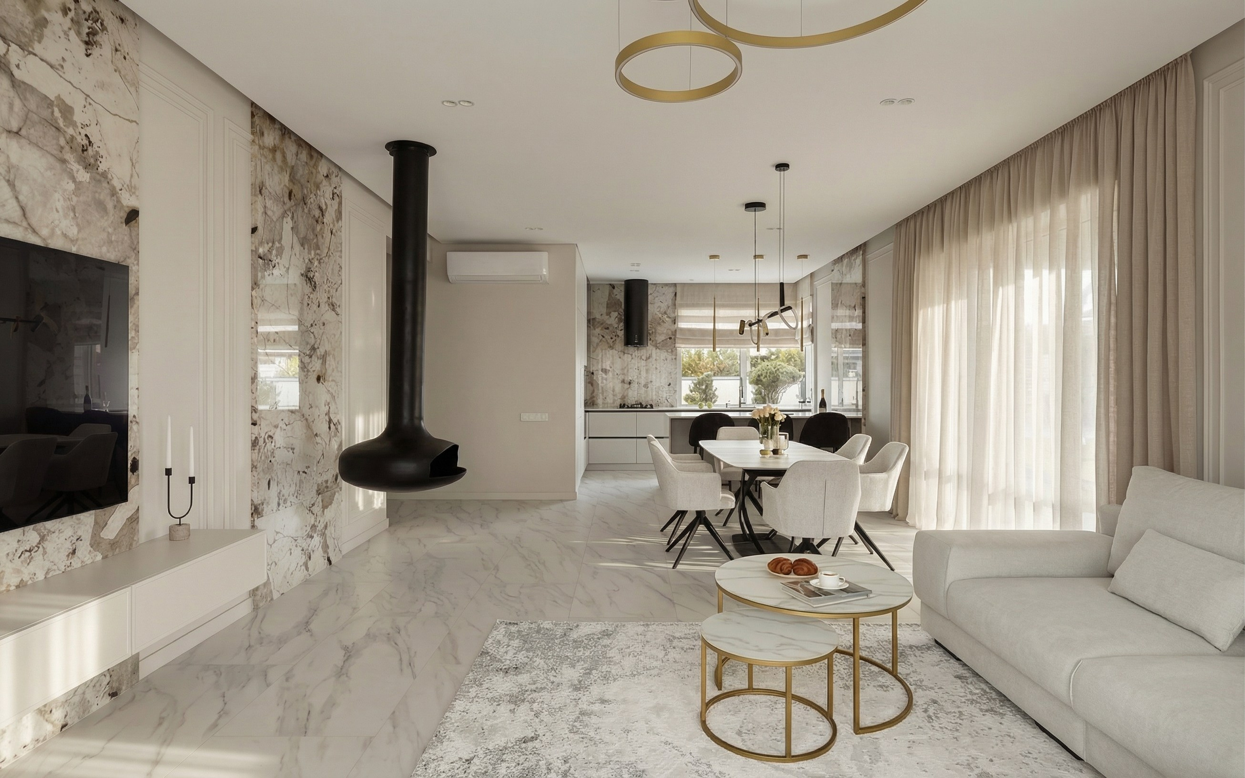 Панорама интерьера премиального дома в Краснодаре от Валерии Котович. Открытое пространство кухни-гостиной с подвесным черным камином, обеденной группой, отделкой стен натуральным камнем и панорамными окнами.