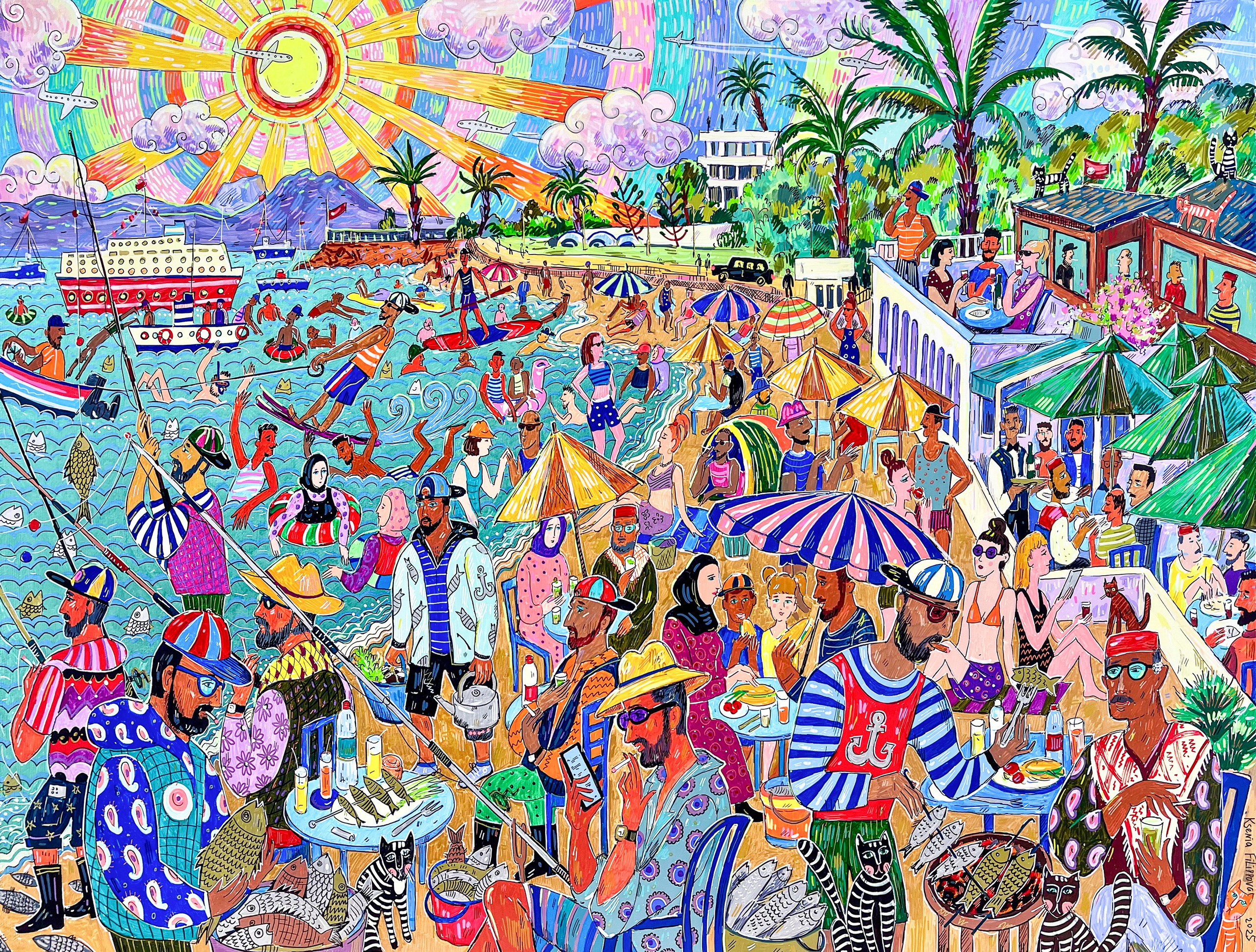 Amilcar Beach in Early October, acrylic markers on canvas, 55 × 75 cm, 2025