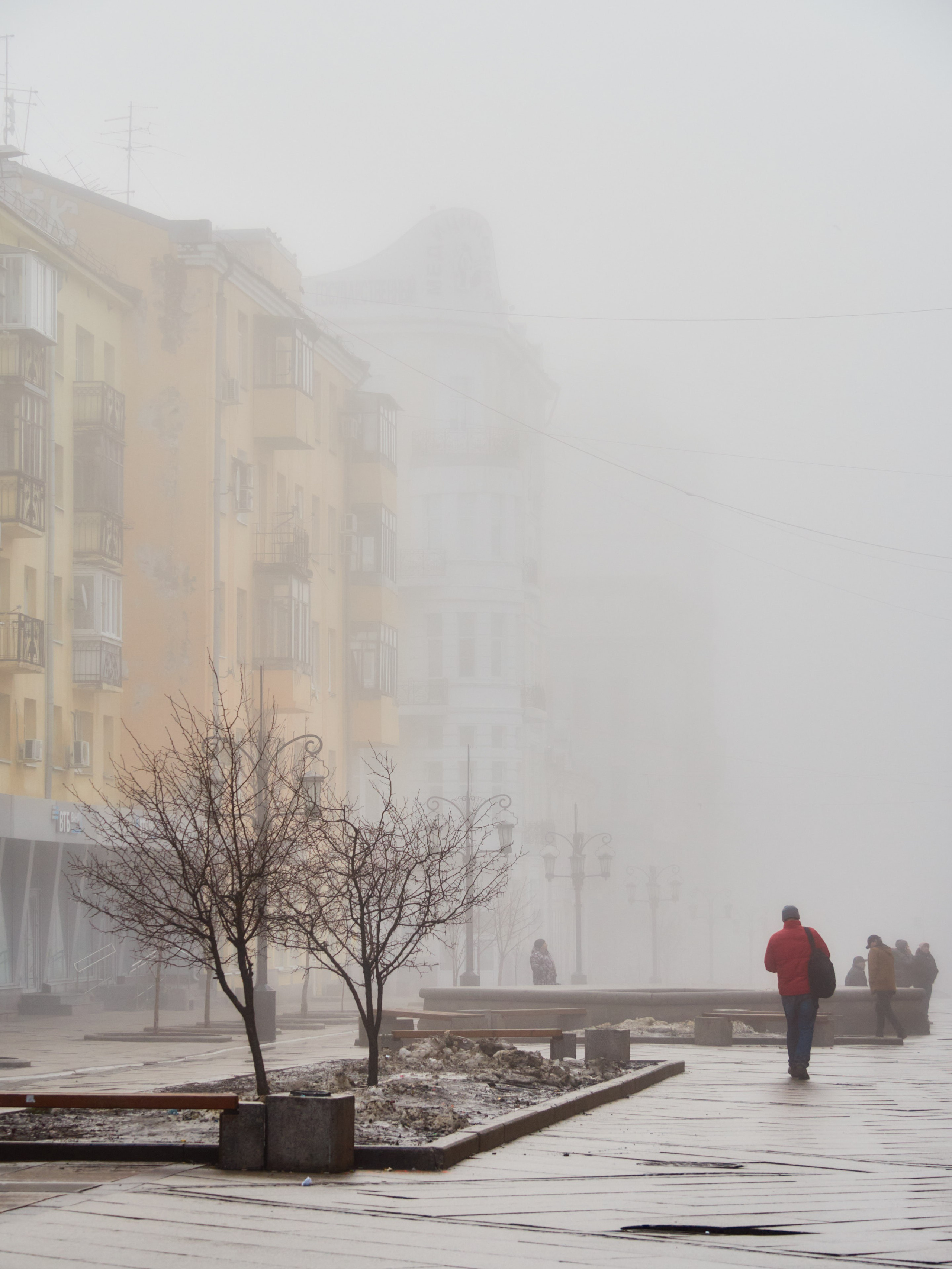 Силуэты зданий едва различимы в густом тумане, добавляя городской сцене атмосферности