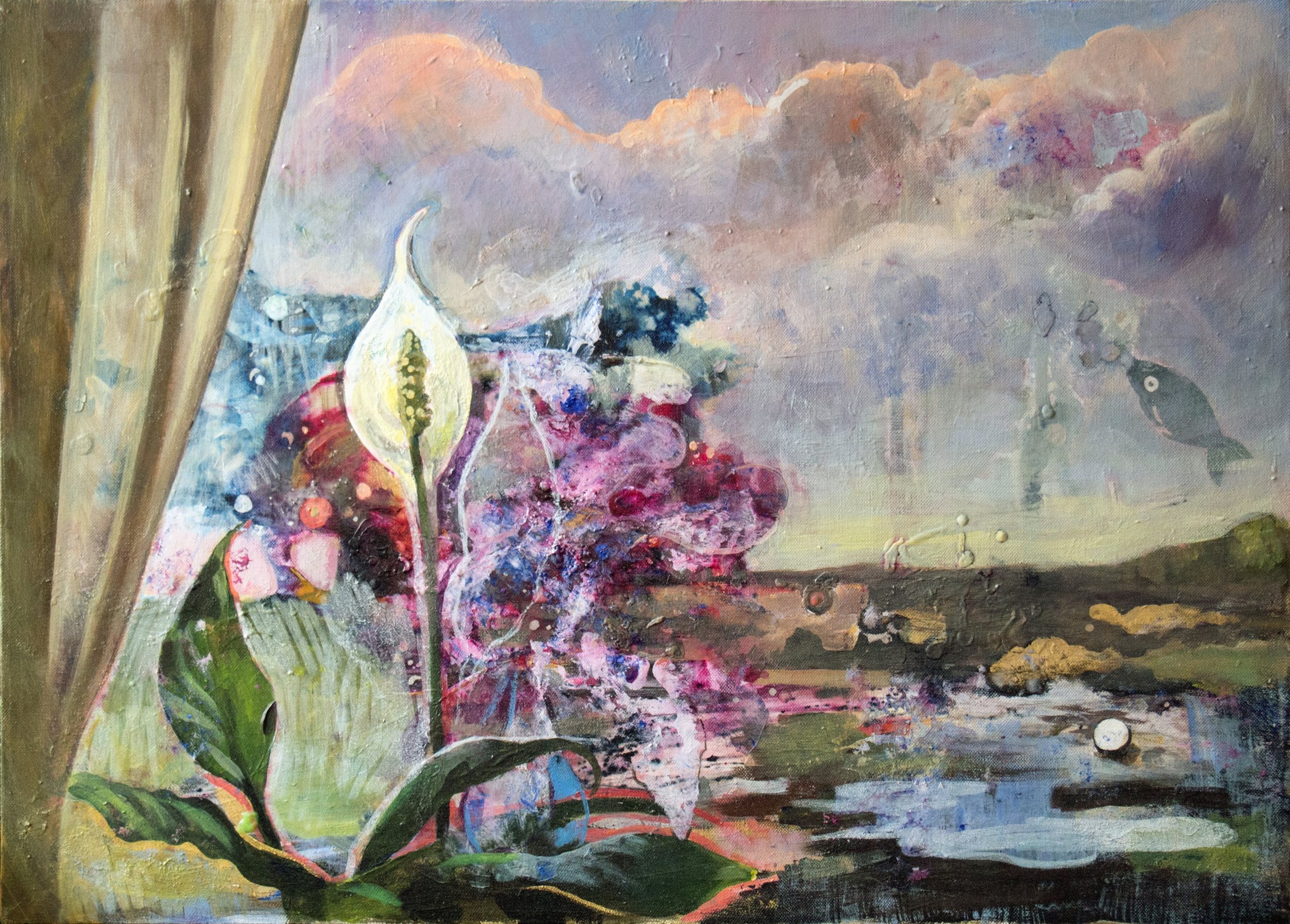 Спатифиллум и облака. Холст, акрил. 50х70 см. Год 2019