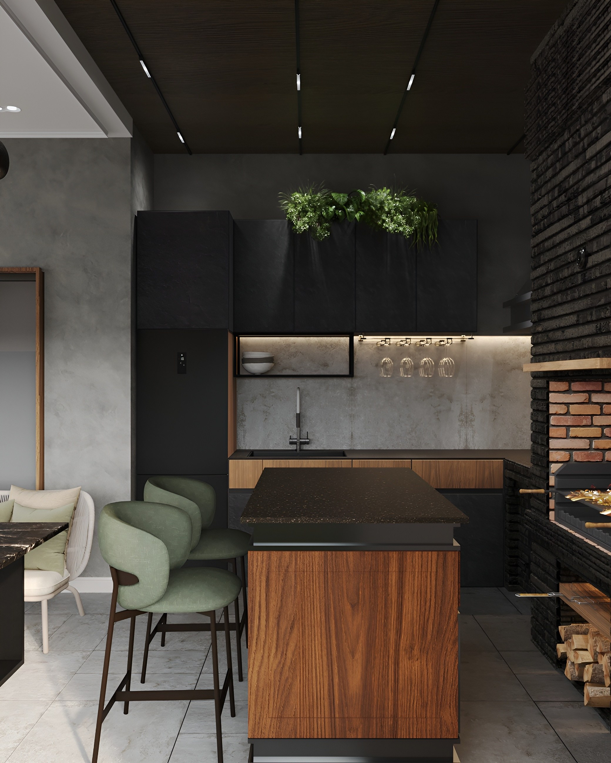 Терраса в загородном доме с камином. 3D Визуализация интерьеров жилых и коммерческих помещений