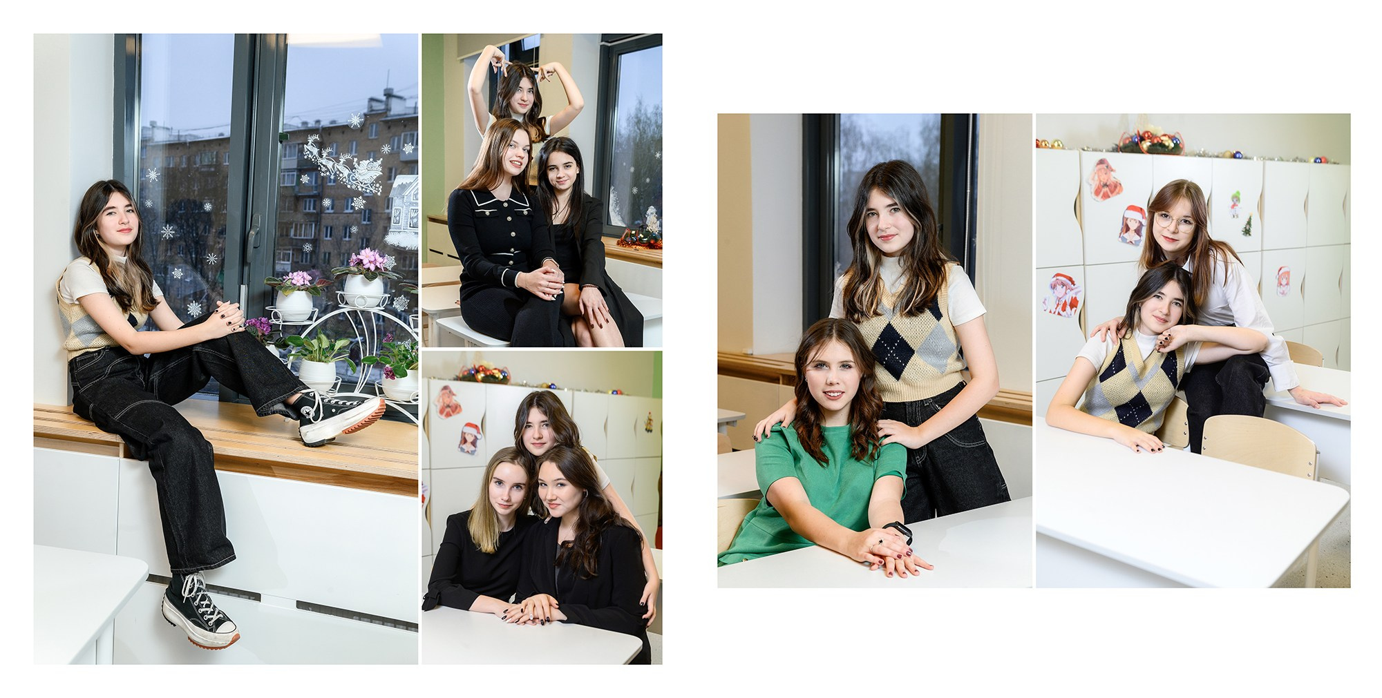 Коллажный разворот с портретами ученицы в школьном интерьере и крупным кадром в мягком свете.