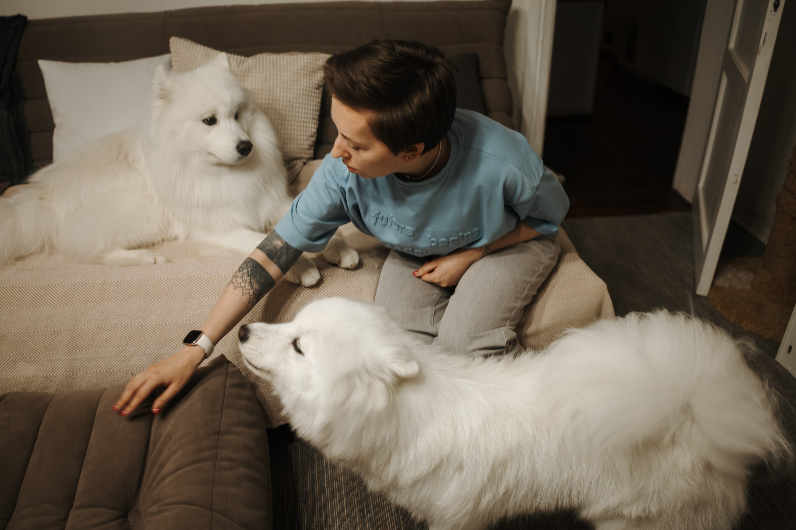 Домашняя фотосессия девушки с собакой и пара фото в дождливый день. Фотограф-анималист в Москве Екатерина Тихонова