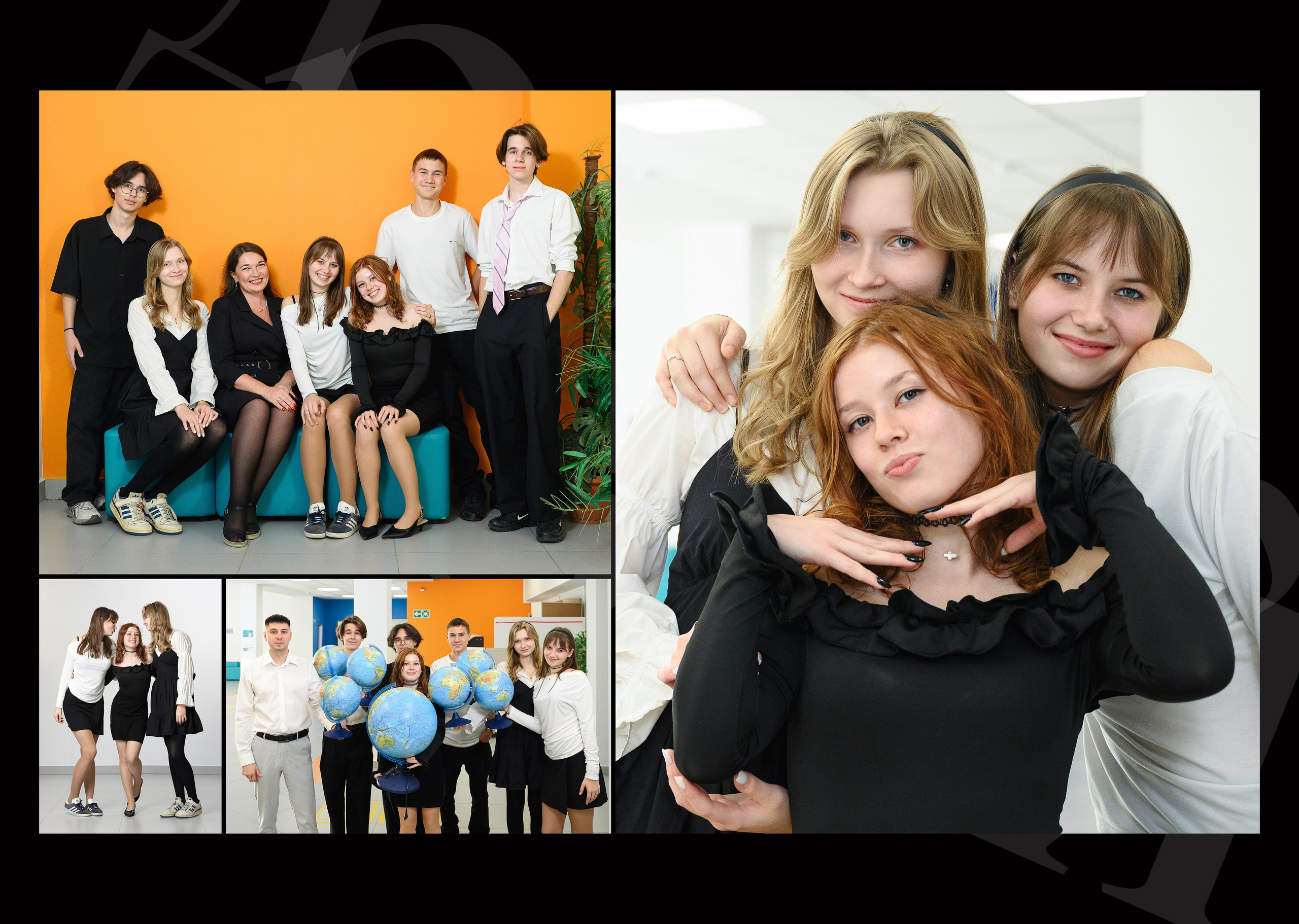 Страница фотокниги с группой учеников у оранжевой стены и крупным портретом четырёх подруг.