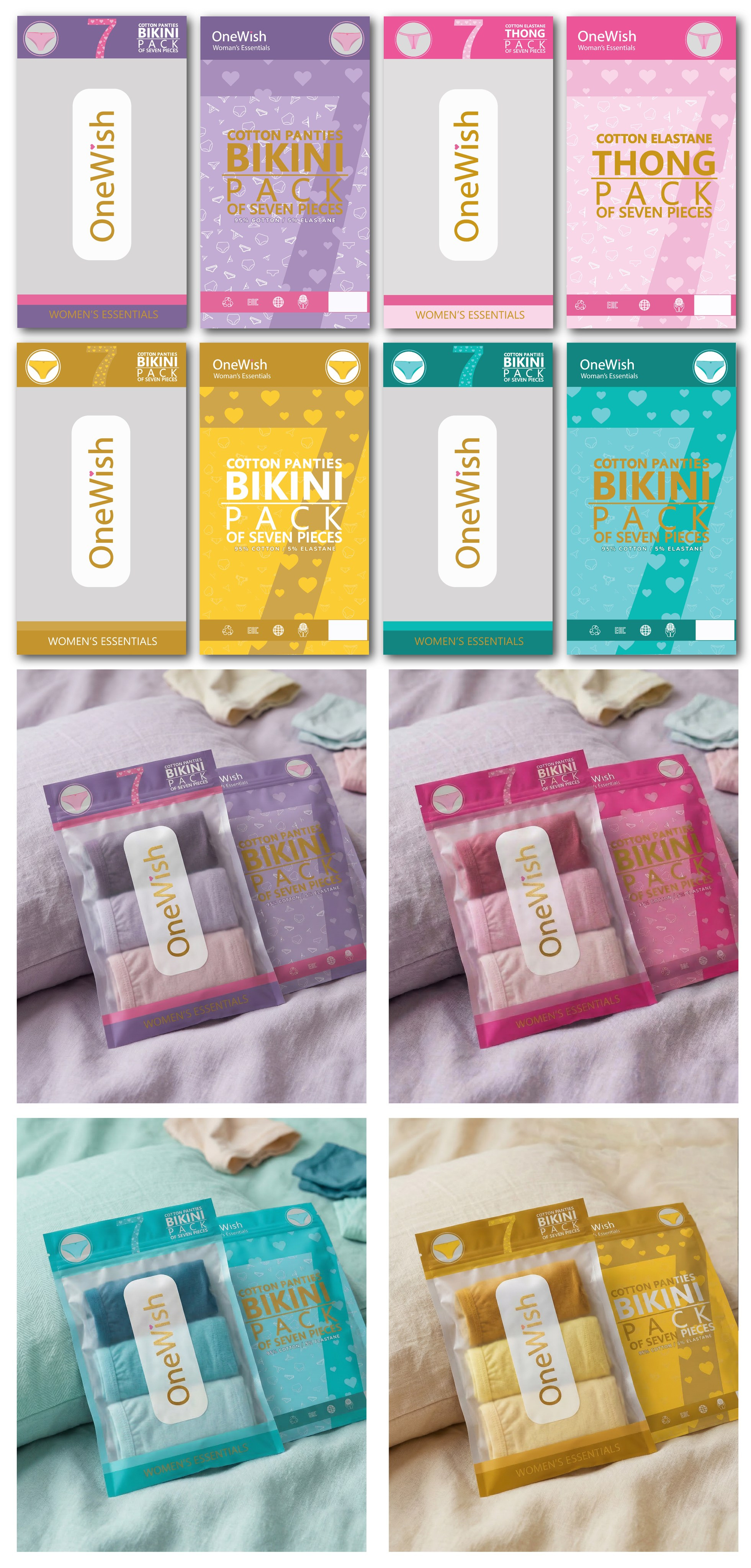 В 2023 году я разработала первый дизайн упаковки для женских трусиков бренда «One Wish». Позже бренд прошёл ребрендинг и стал называться One Week. Мы расширили систему до линейки, где SKU различаются только цветом упаковки при сохранении единого макета. Продукция продаётся за пределами РФ.