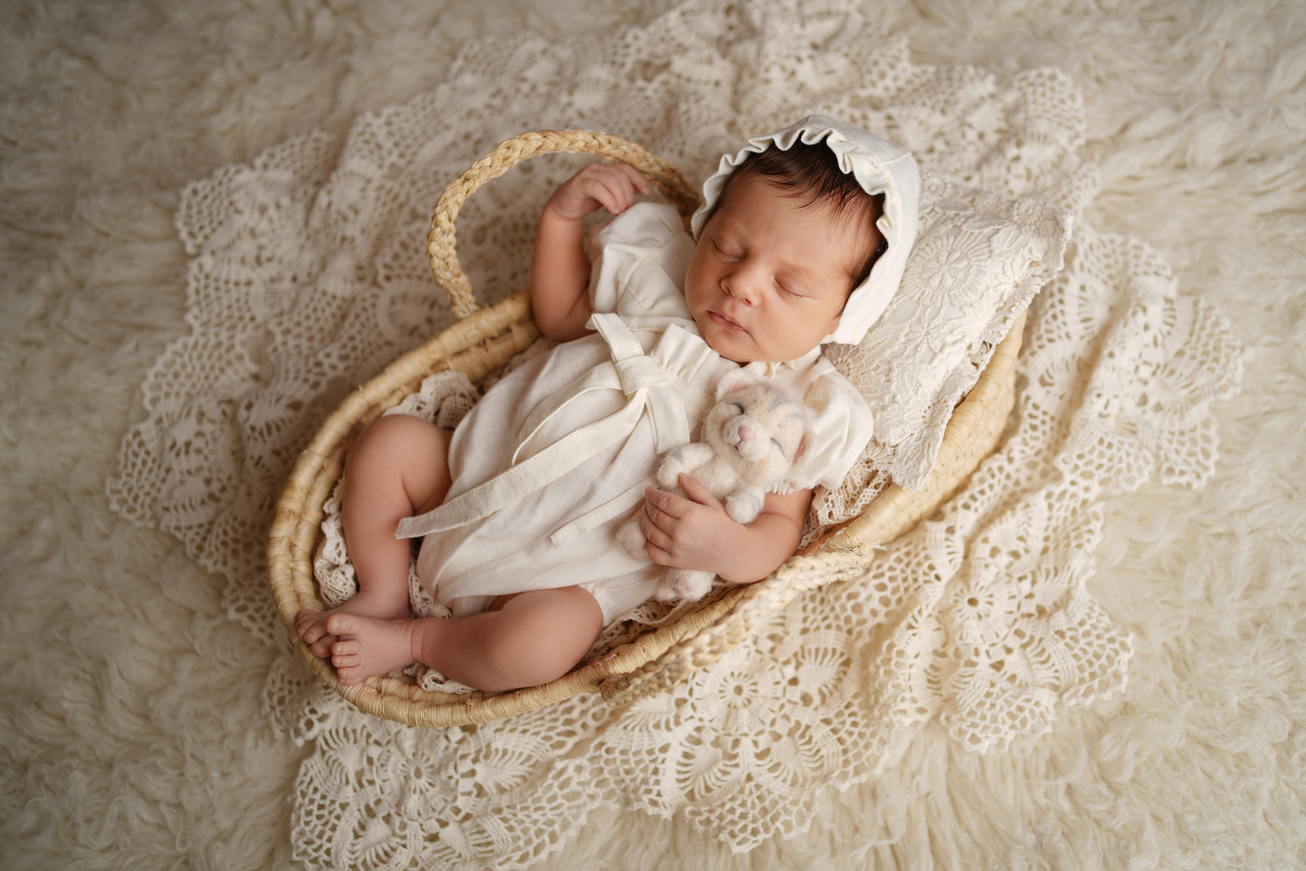 На фото новорождённая малышка в красивом платье. Она лежит в корзинке, рукой обнимает игрушку.