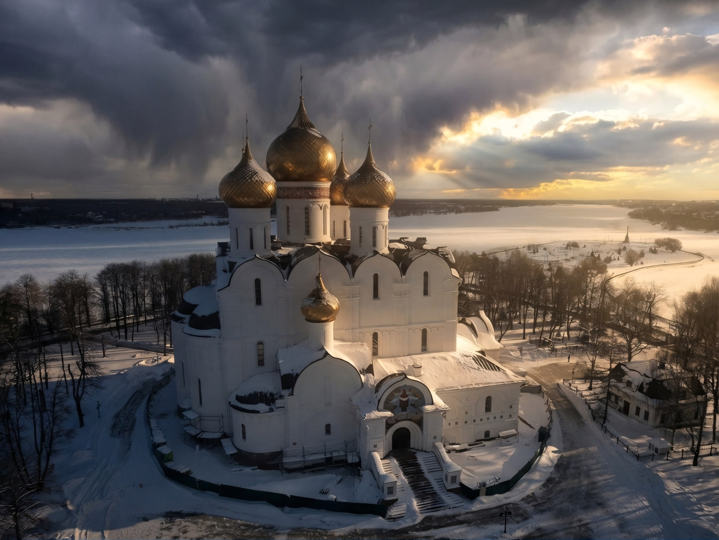 Успенский собор Ярославль, Стрелка, Волжская набережная, аэросъёмка Ярославль, зима