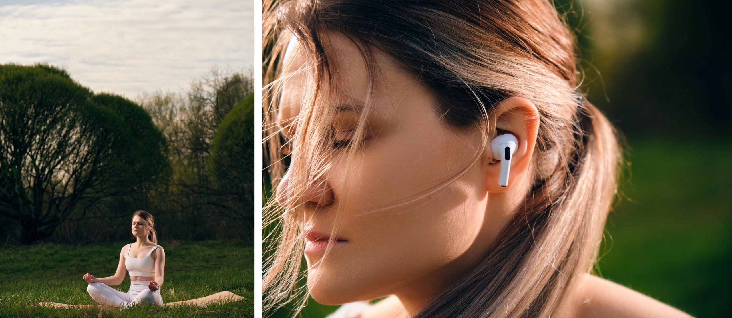 Девушка занимается йогой на природе в наушниках apple EarPods pro 