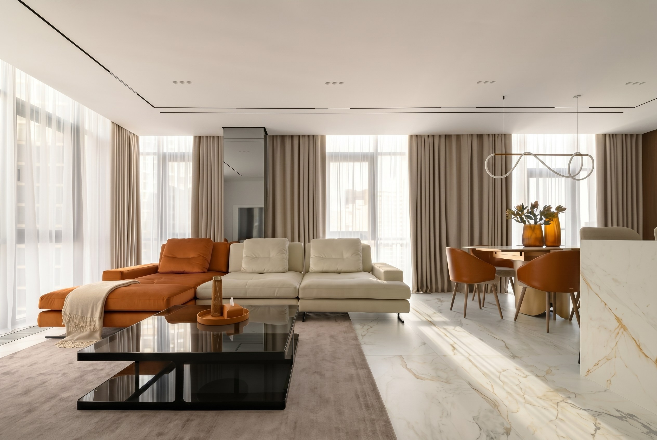 Панорамный вид на интерьер кухни-гостиной и столовой в квартире 116 м² от Валерии Котович: терракотовые акценты, мраморный пол и дизайнерское освещение в стиле премиум-класса.