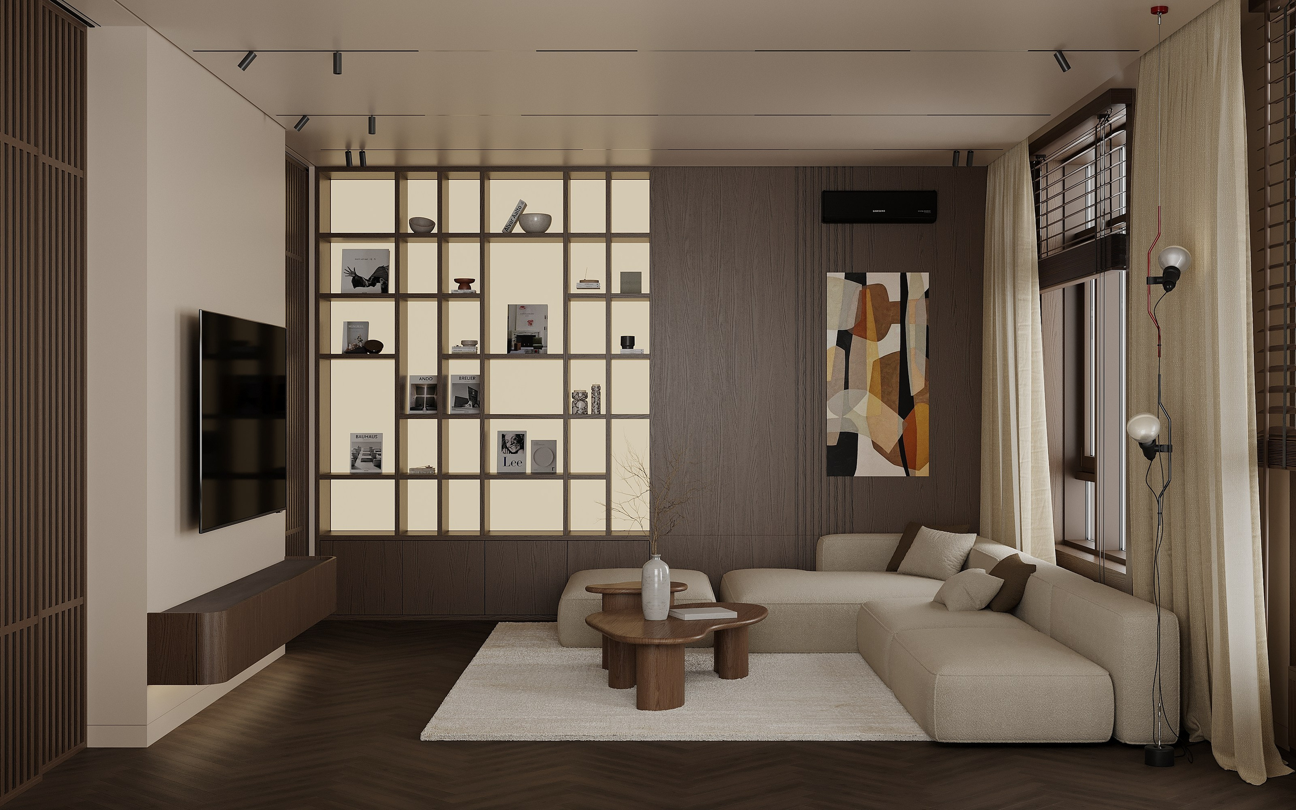 Стеллаж для книг в гостиной со световым полотном в гостиной   Bookcase in the living room with light strip in the living room