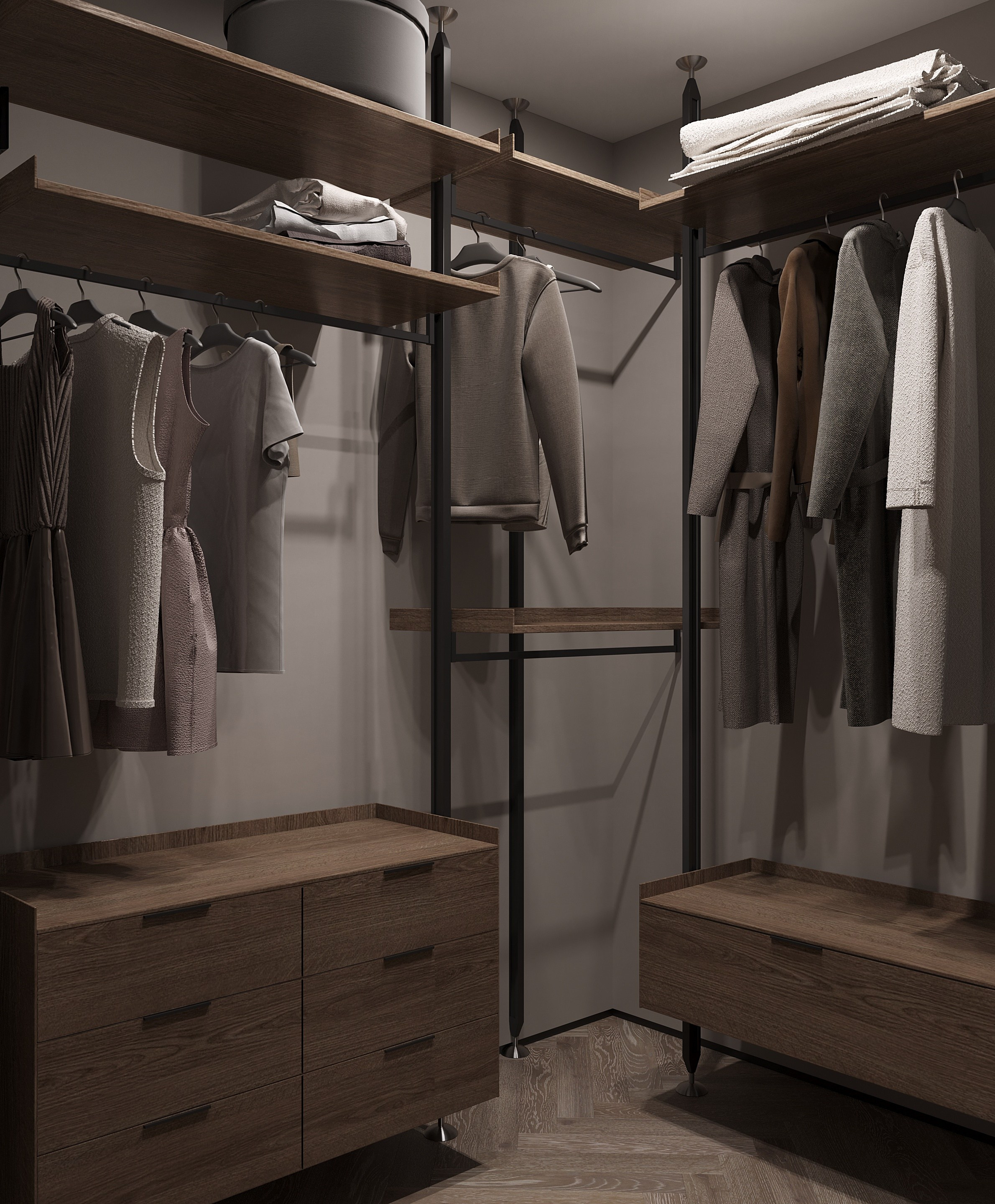 вместительная гардеробная в мастер-спальне с открытой системой хранения 