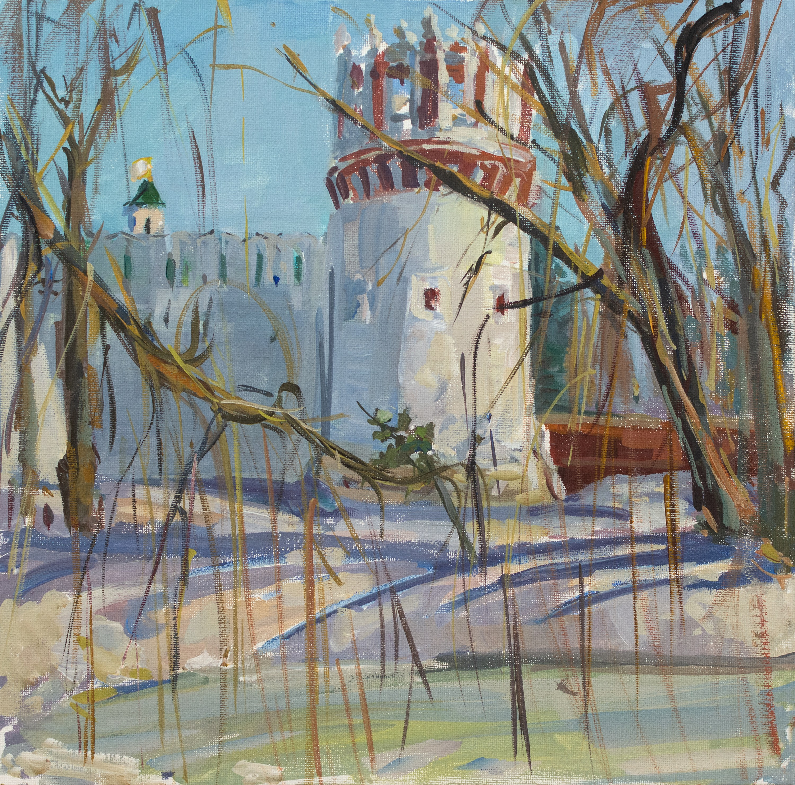 "March. Novodevichy Monastery.Etude" canvas on cardboard, tempera 30x30cm, 2026
