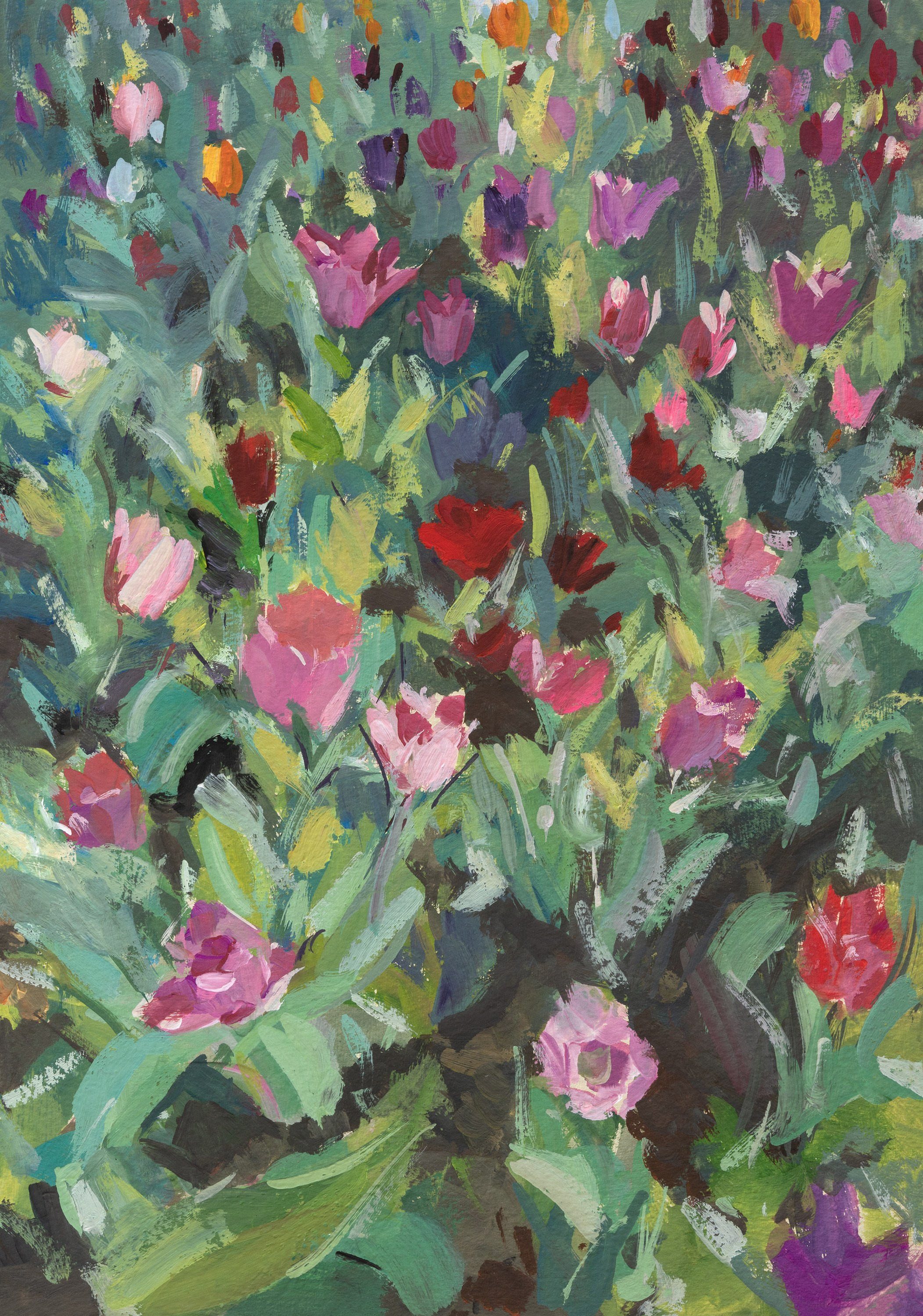 "В тюльпановом саду" картон, гуашь 30х21см, 2025г
