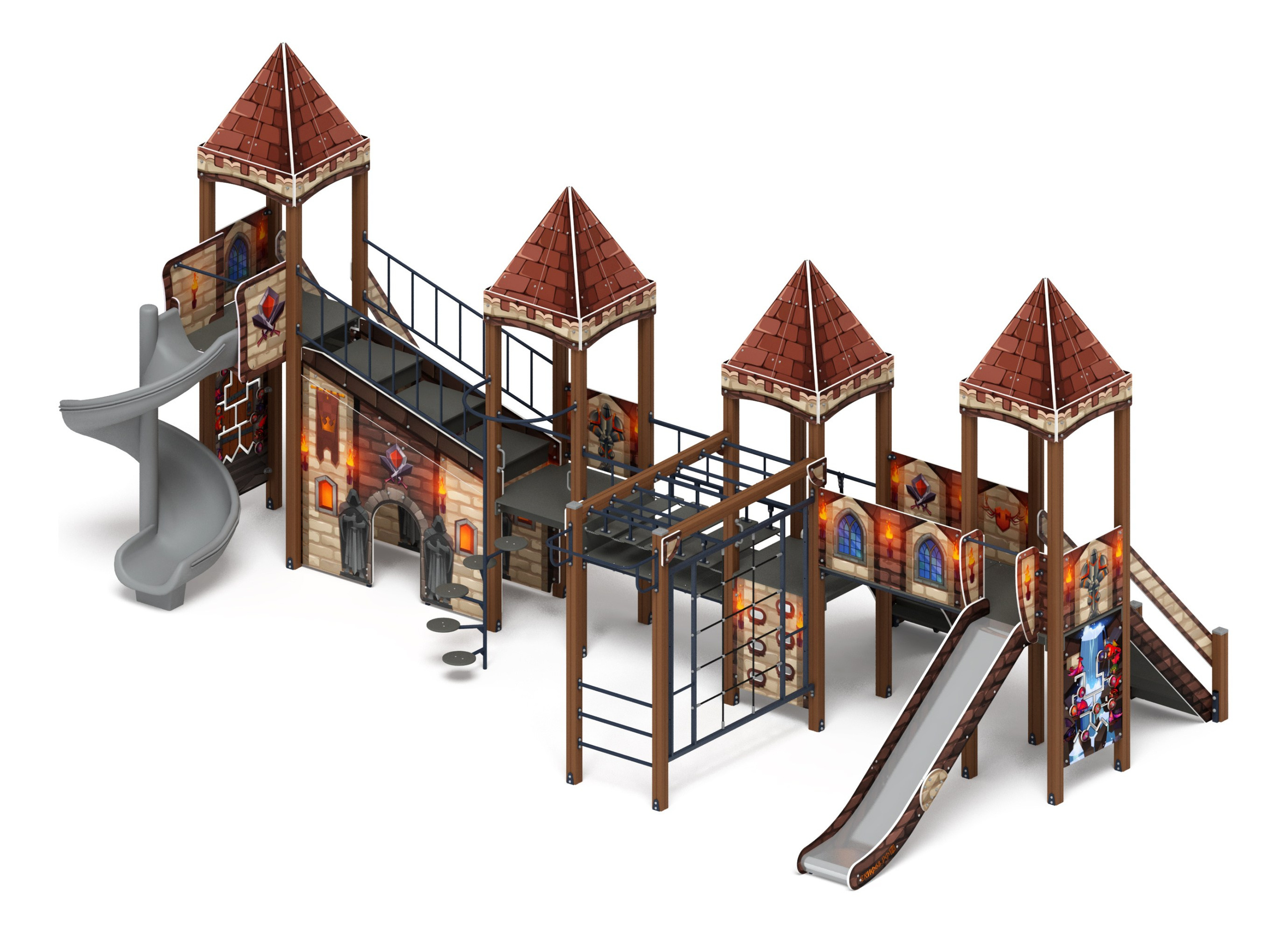 Замок (Средневековый) - ДИК 2.18.10-02.И1 - Игровой комплекс H=1500 H=2000                                                                                            Габариты (ШхДхВ): 9640x4810x4460                                                                                                                                                               Зона безопасности, мм: 13140х7810                                                                                                                                                                  Скат горки: H=1500 (металлический скат) / H=2000 (винтовой скат)