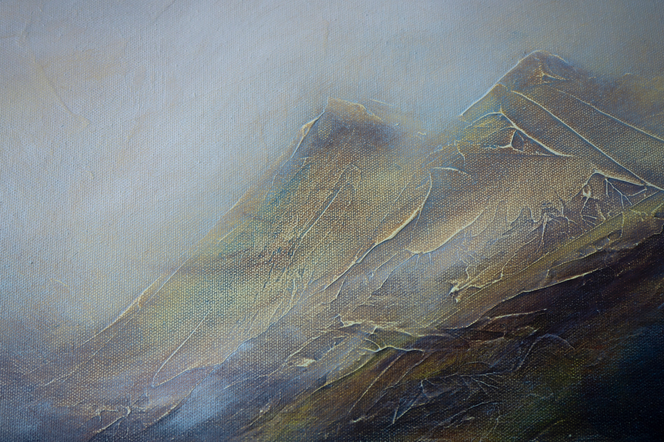 Oil painting depicting the Scottish highlands with misty foreground. Pavel Korshun — Contemporary painter. Original abstract painting