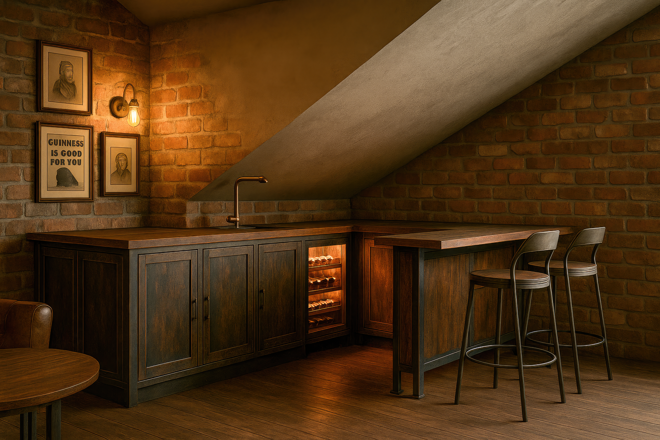 Деревянная барная стойка с винным шкафом и освещением