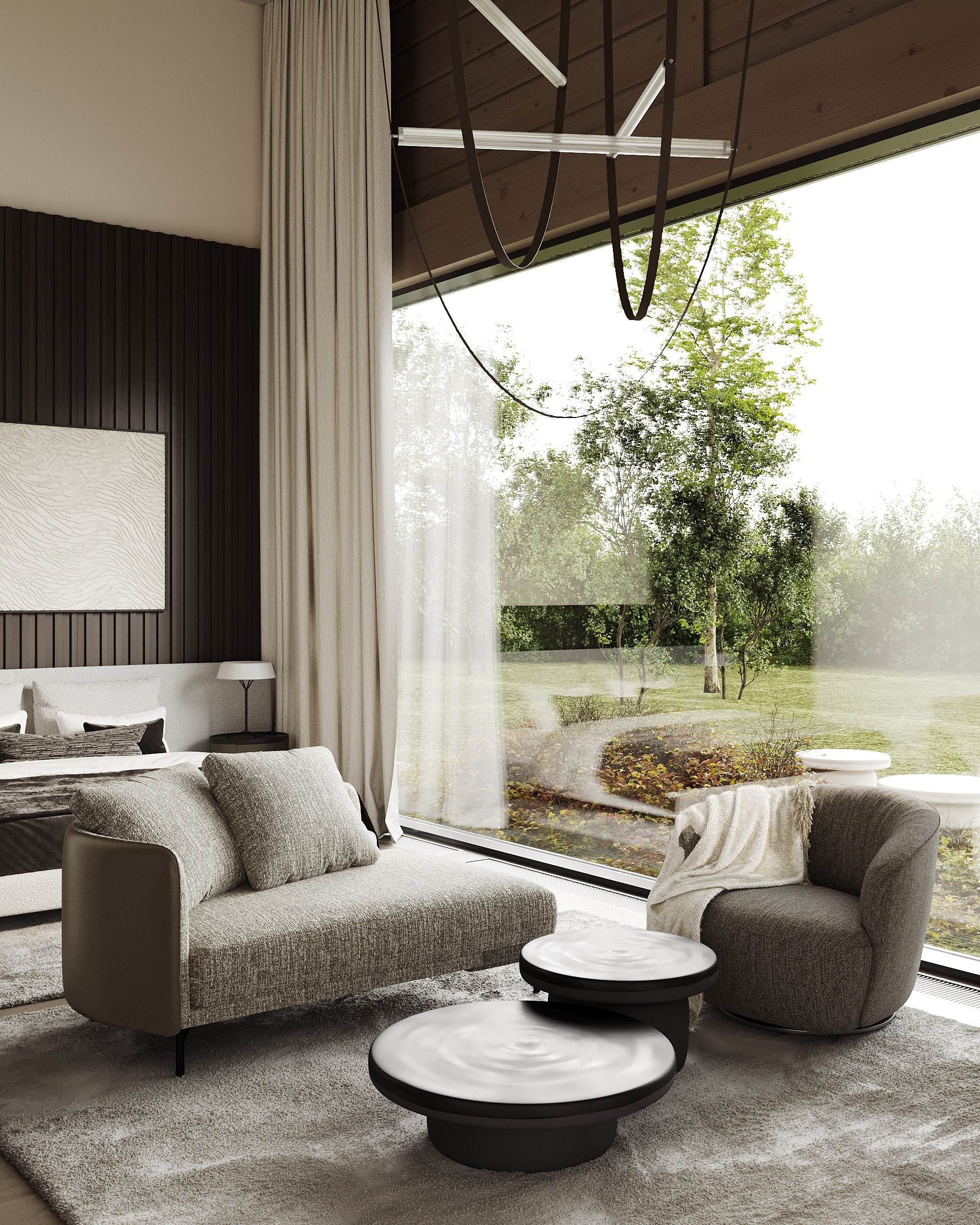 Уютная светлая спальня в доме из бруса с дизайнерской мебелью.