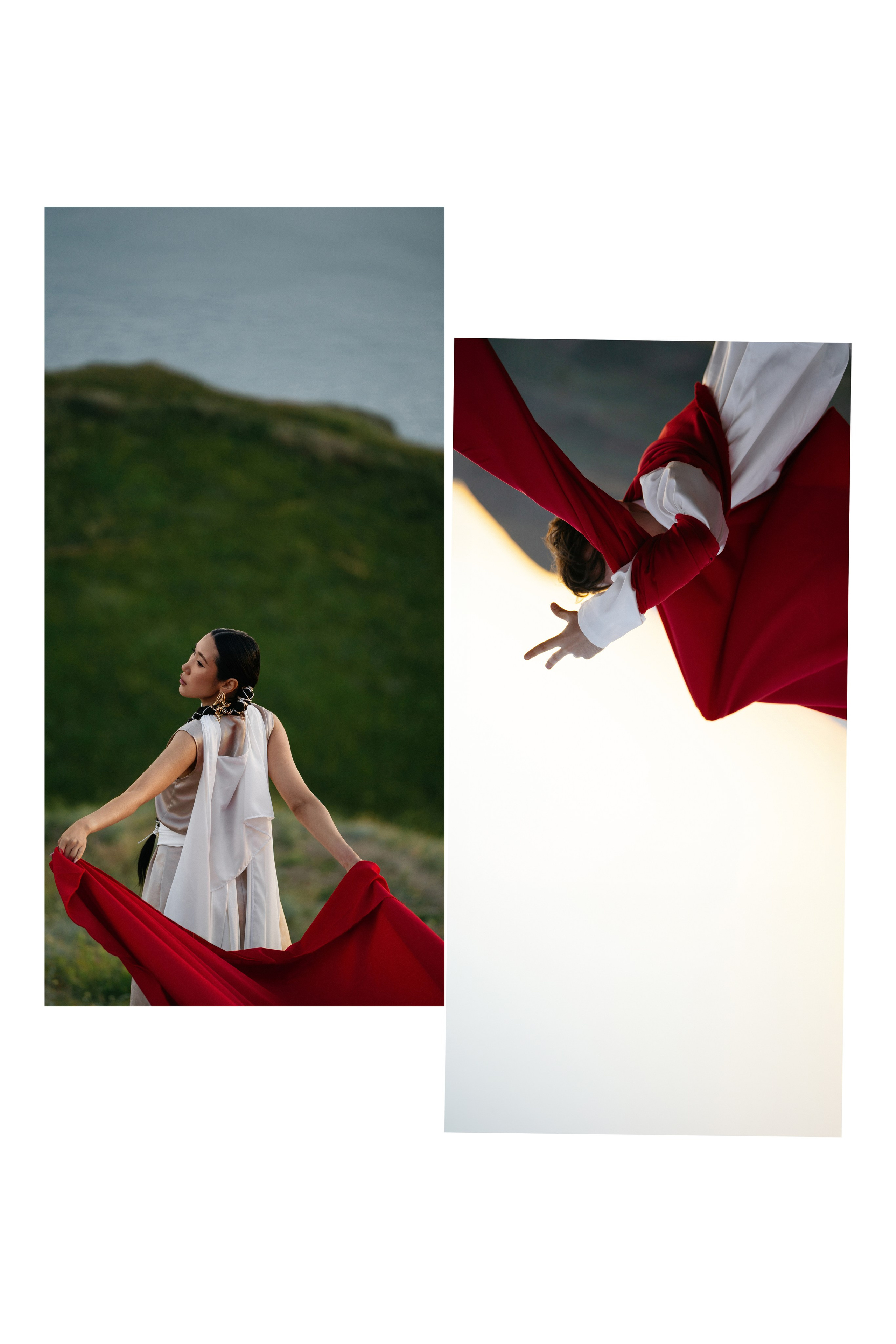 Коллаж из двух фотографий фотопроекта «Горная Азия» на горе Джан-Кутаран в Крыму. На одном кадре девушка оборачивается, чувствуя невидимую связь, на другом мужчина тянет к себе красную ткань, словно притягивая ту самую нить судьбы, которая однажды привела их друг к другу. Динамика движений, развевающаяся материя и горные пейзажи превращают серию в символичную историю о любви, притяжении и встрече двух сердец. Свадебный фотограф Анапа, Геленджик, Новороссийск, Темрюк, Абрау-Дюрсо. Локации для свадебной фотосессии.
