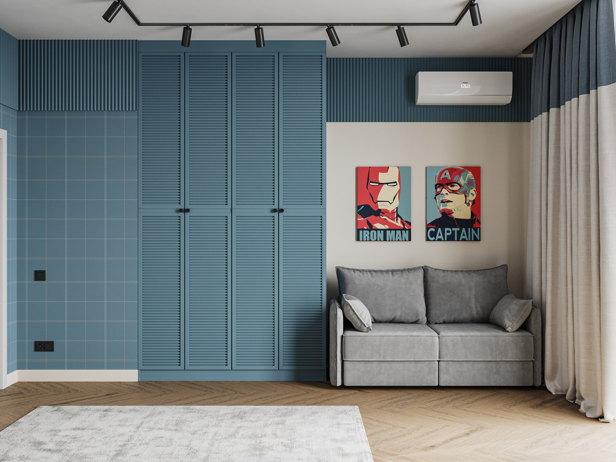 Визуализация интерьера детской с синим шкафом и серым диваном