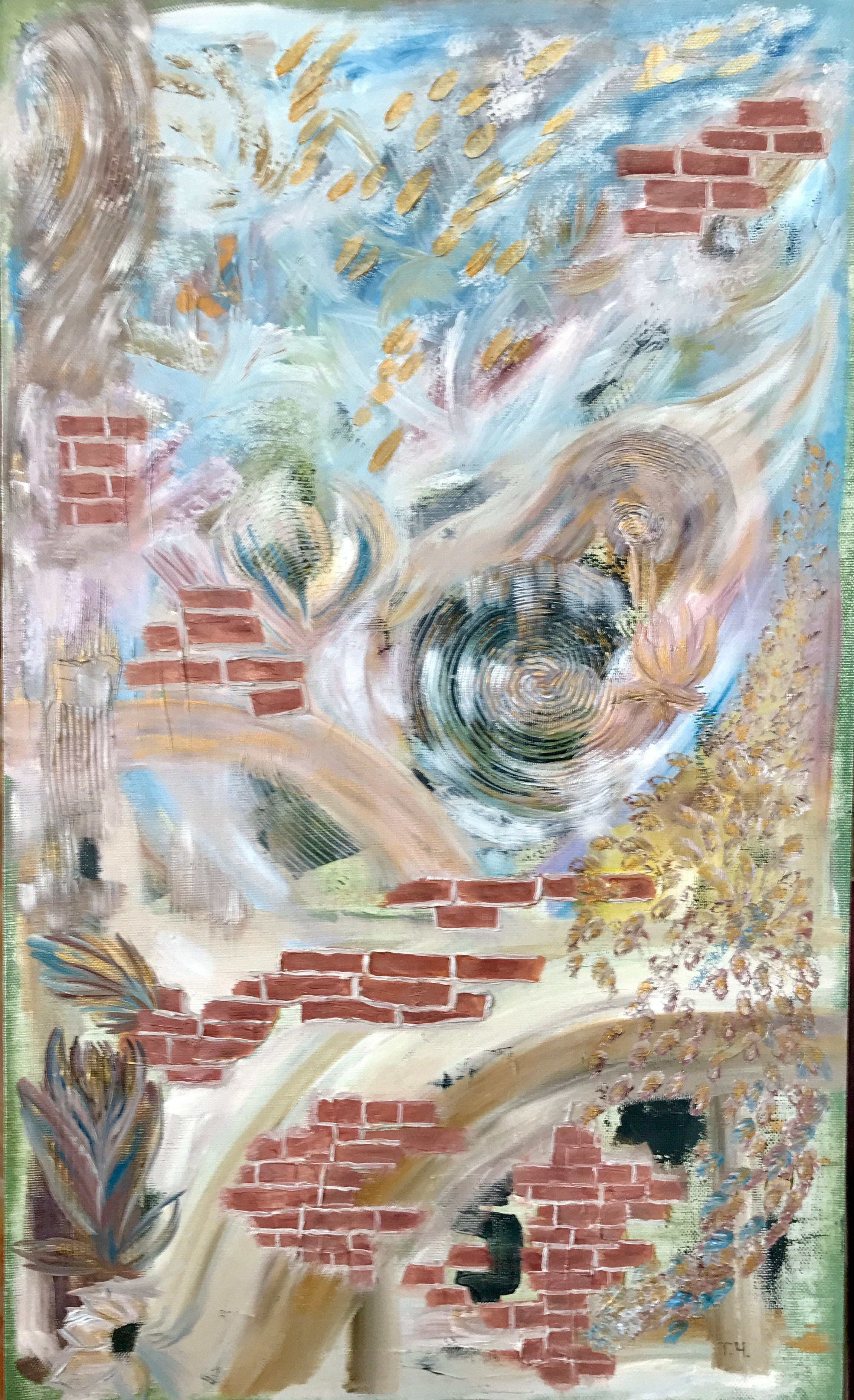 Абстрактная картина в пастельных тонах напоминает стену с наслоениями следов ремонта с разным бюджетом.