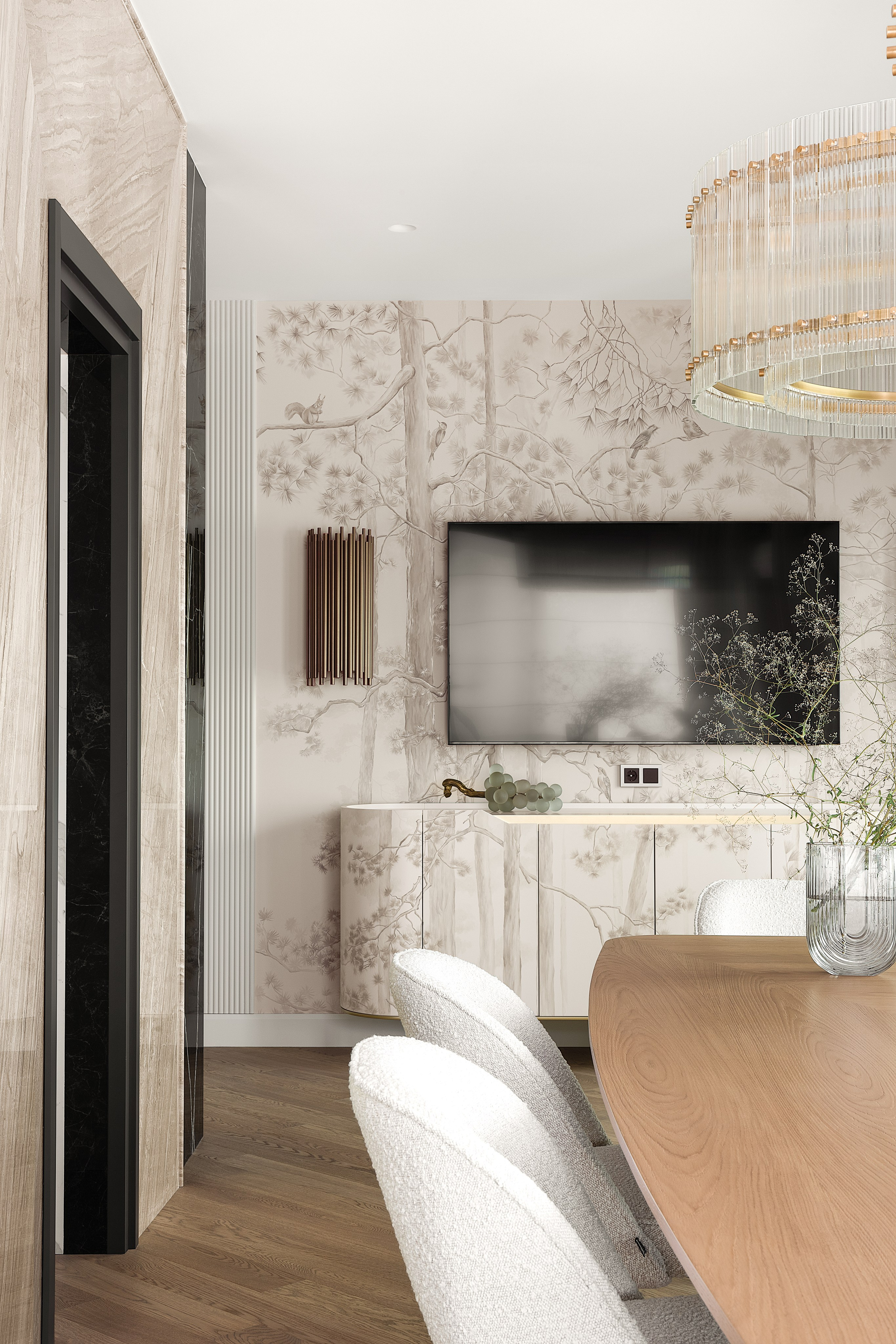 Интерьерная фотосъёмка обеденной зоны с расписными стенами