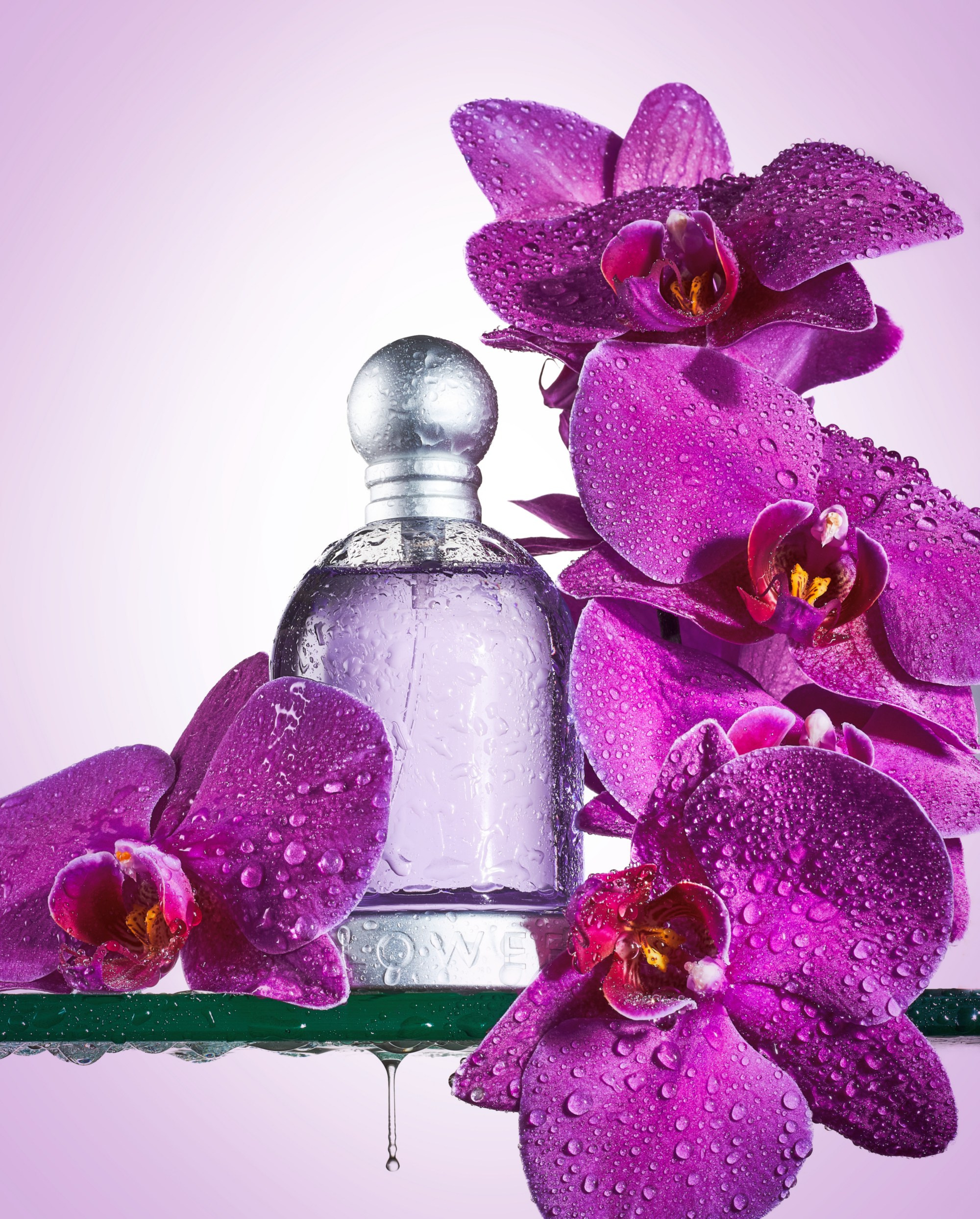 Рекламная фотография парфюма со спецэффектами. В кадре цветы орхидеи и капли воды