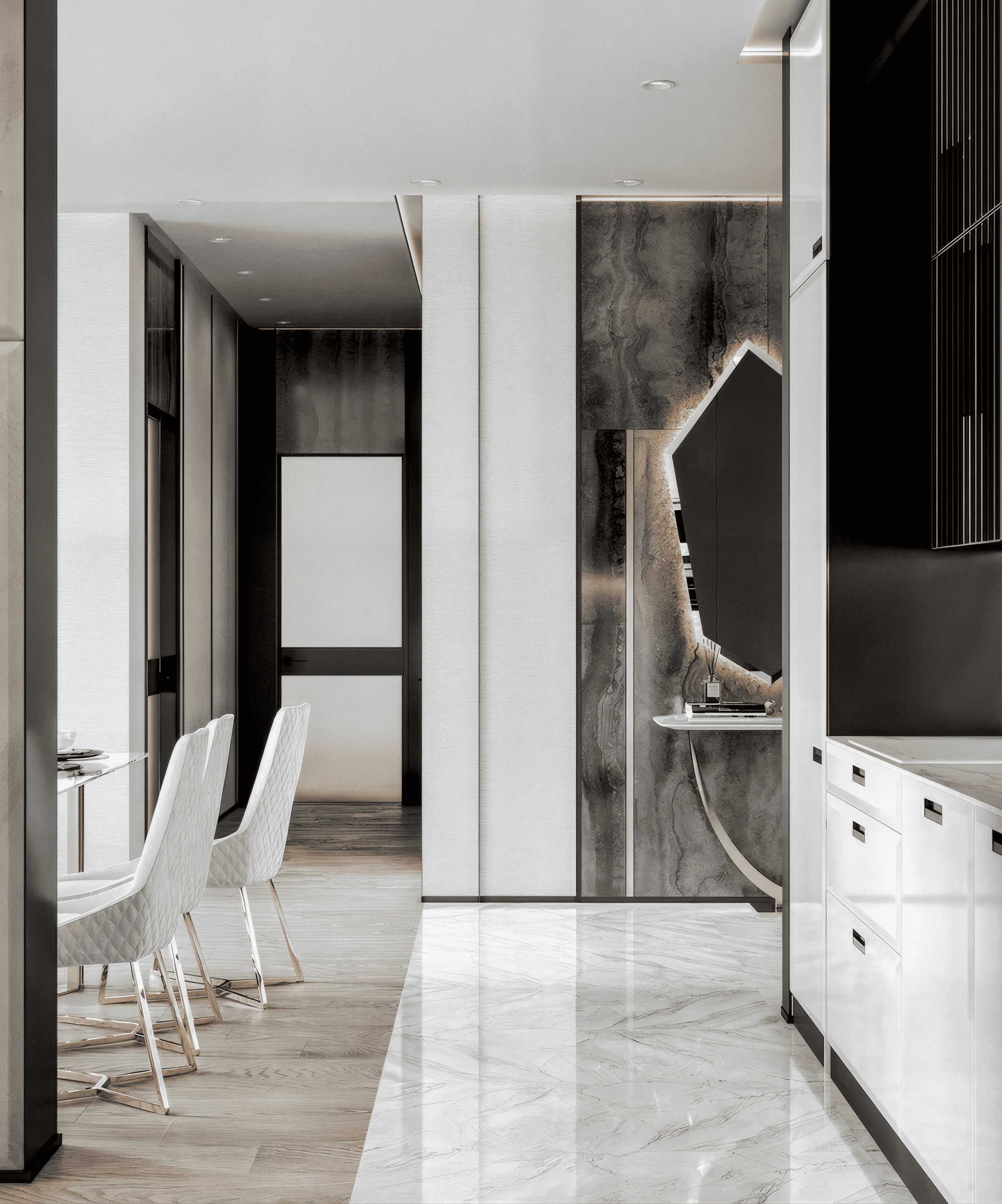Современный интерьер прихожей и кухни от Валерии Котович: белые глянцевые шкафы, мраморный пол, акцентная стена из камня с зеркалом и видом на обеденную группу со светлыми стульями.