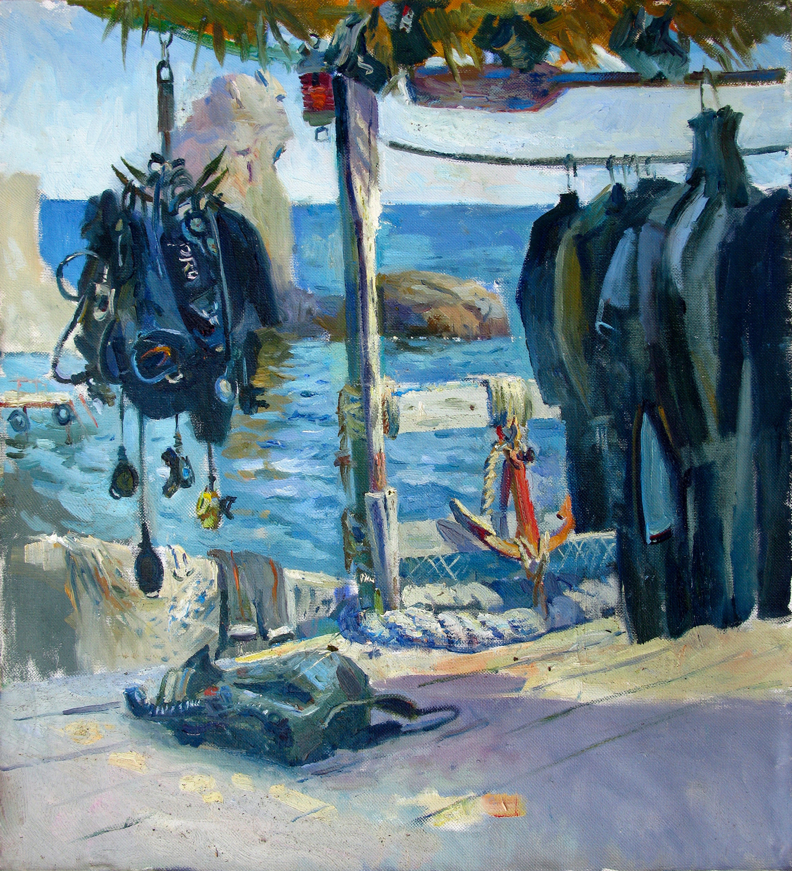 Этюд маслом снаряжения для дайвинга на базе в Гурзуфе в Крыму