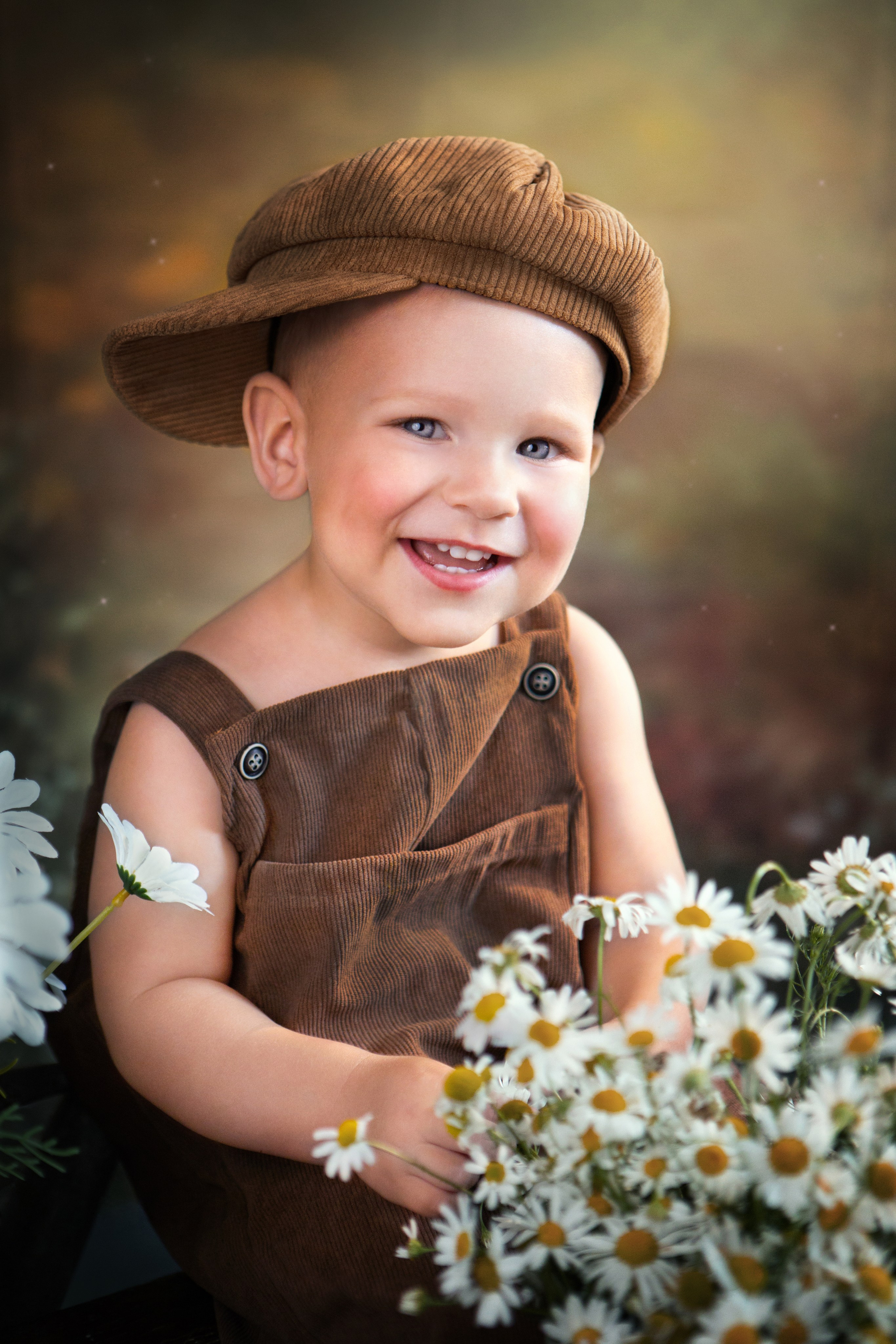 Портрет маленького мальчика в ромашках в винтажном стиле.