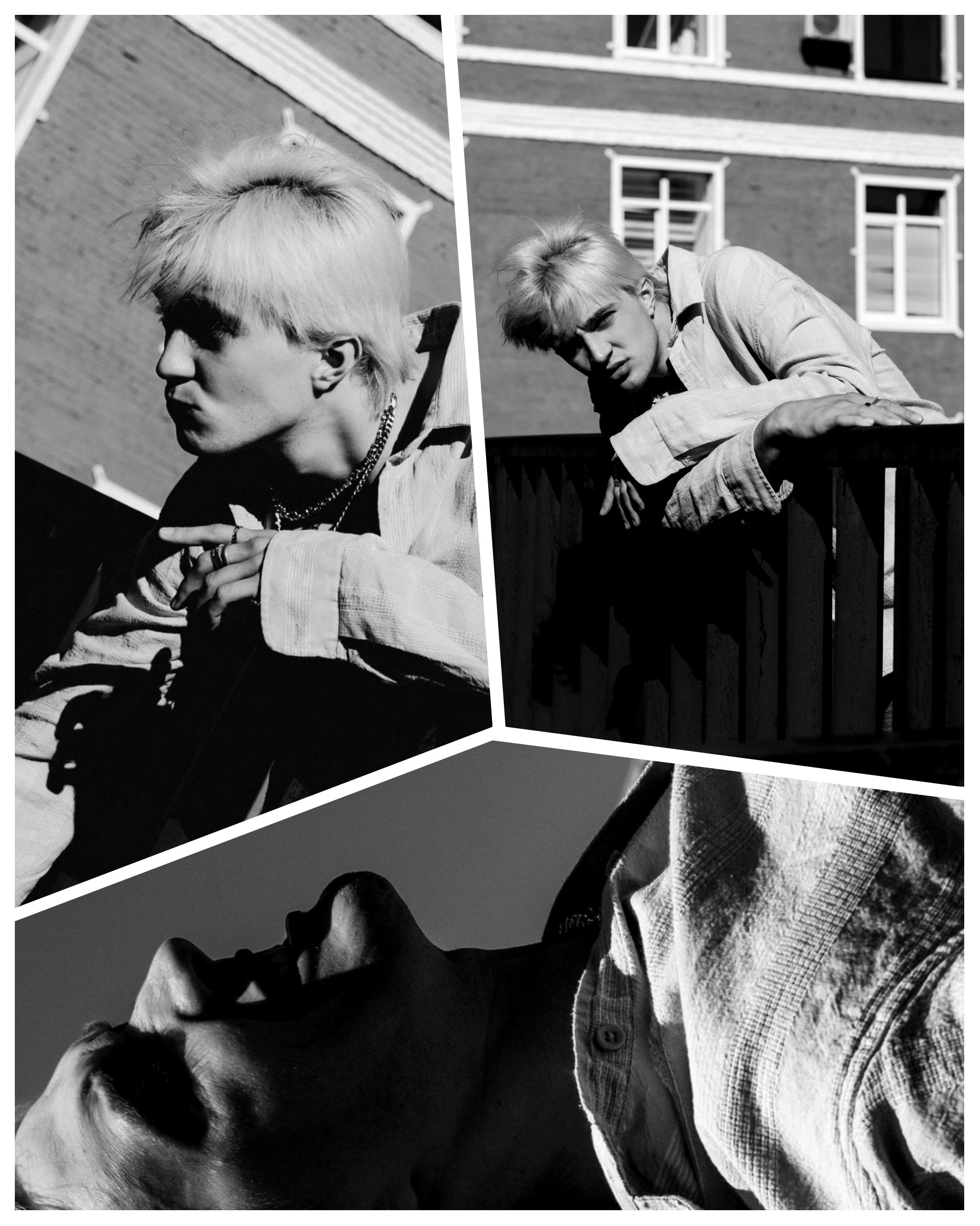 чб фото парня с обесцвеченными волосами