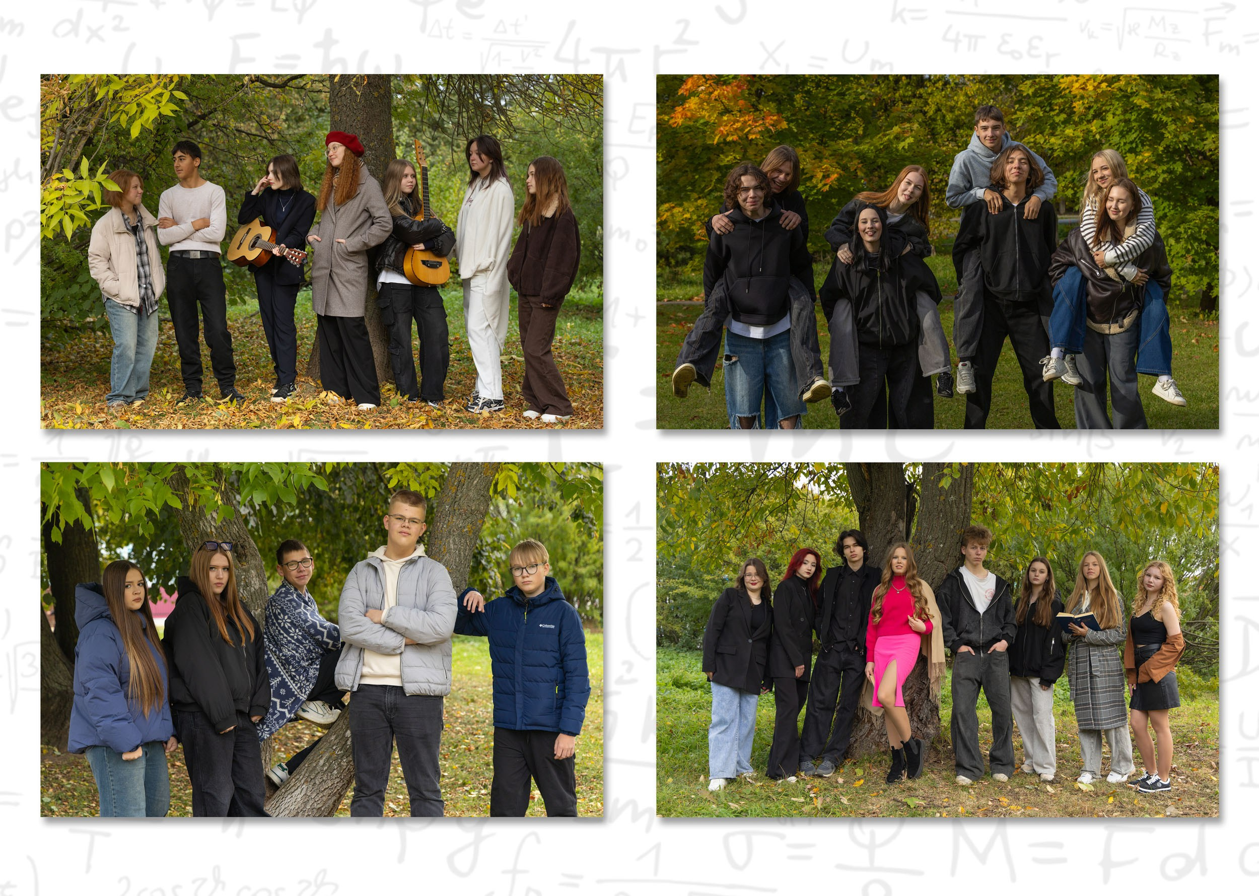 Разворот выпускной фотокниги с 4-мя групповыми фотографиями.